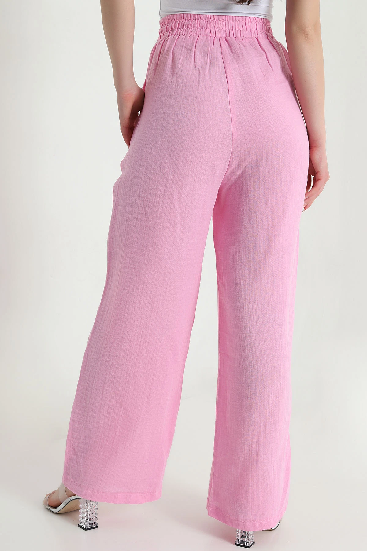 Pembe Müslin Keten Cep Detay Kadın Pantolon 454849