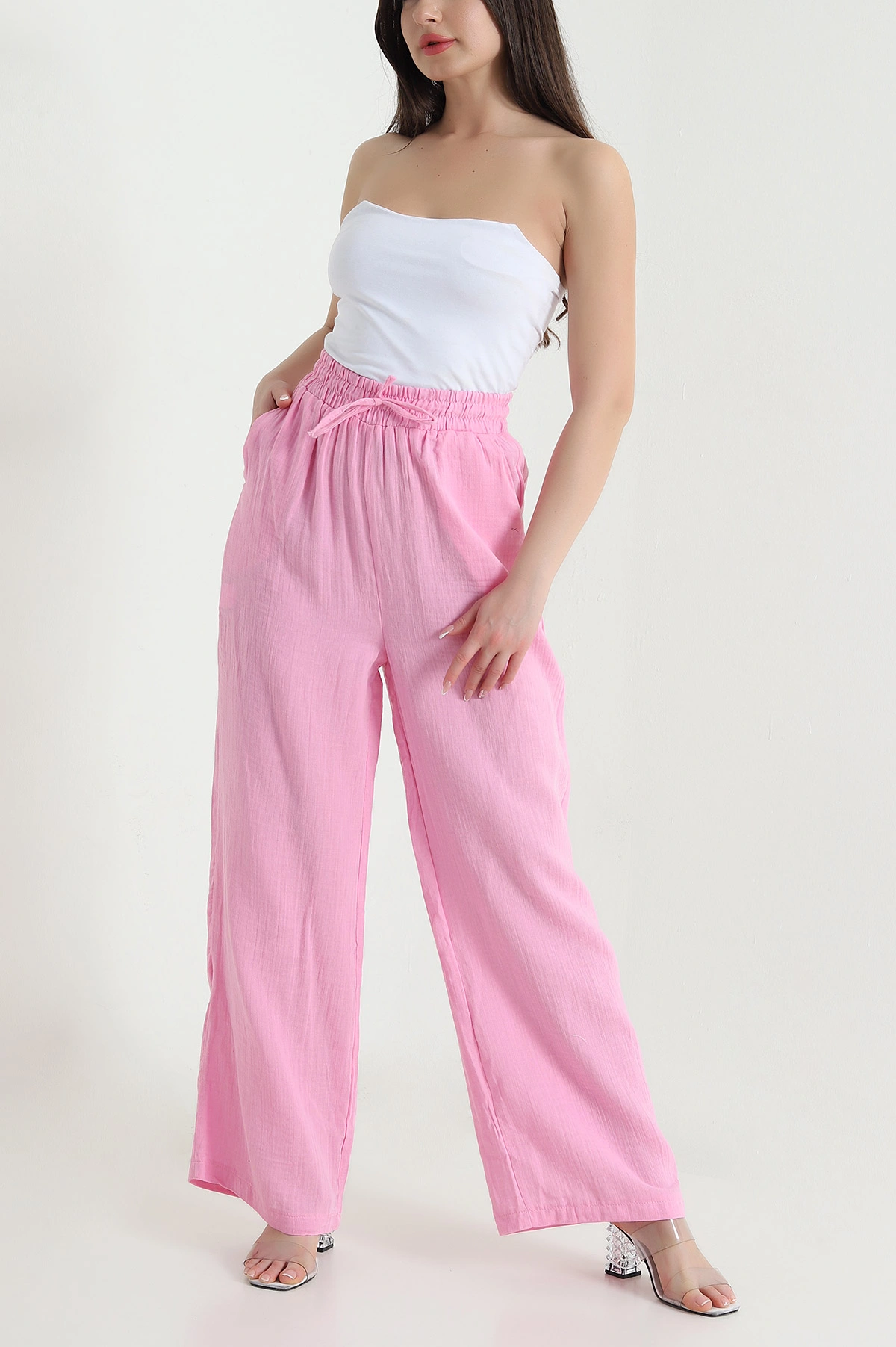 Pembe Müslin Keten Cep Detay Kadın Pantolon 454849