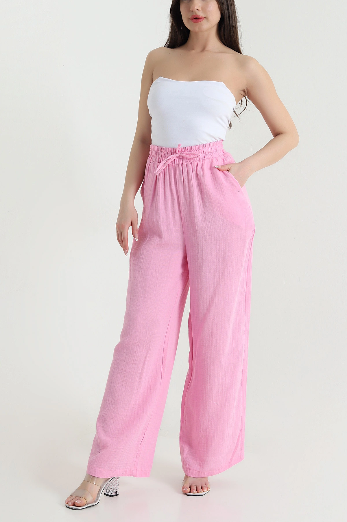 Pembe Müslin Keten Cep Detay Kadın Pantolon 454849