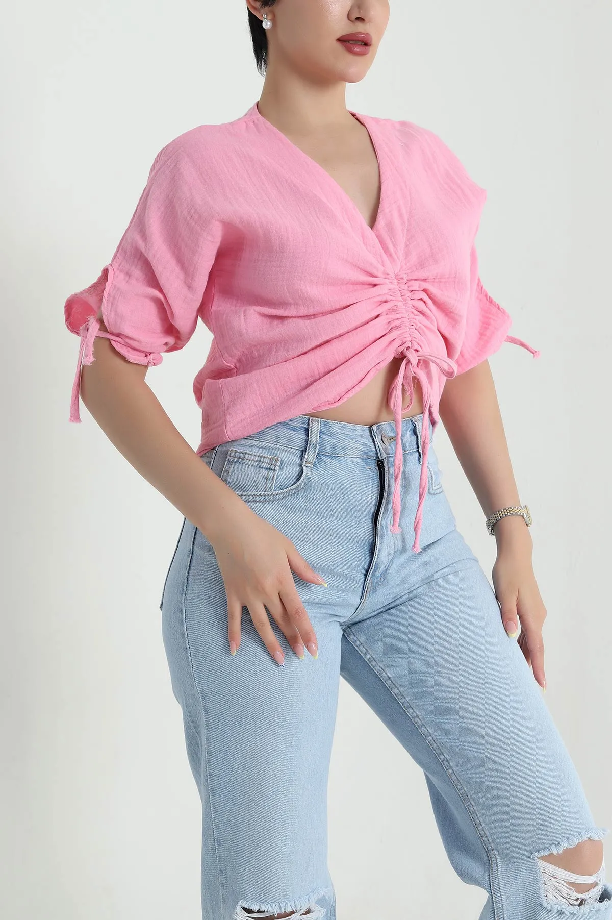 Pembe Müslin Keten Kadın Bluz 466756