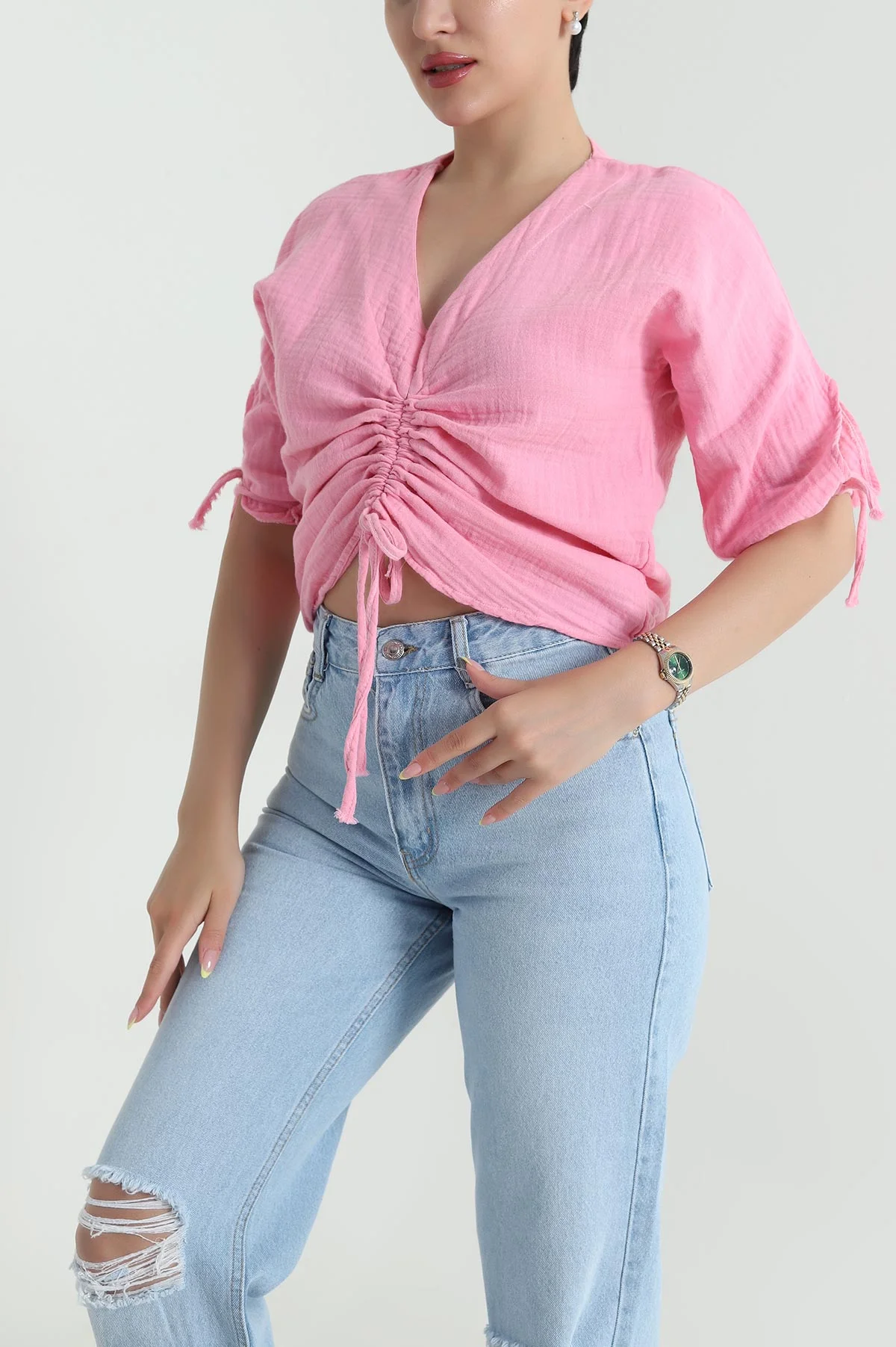 Pembe Müslin Keten Kadın Bluz 466756