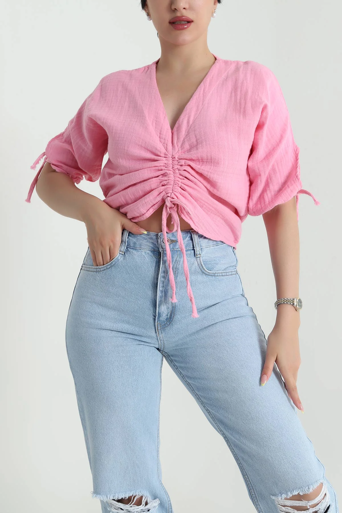 Pembe Müslin Keten Kadın Bluz 466756