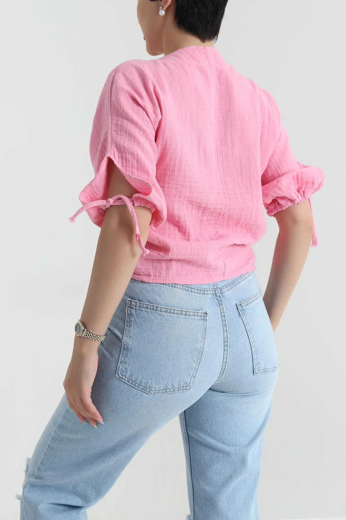 Pembe Müslin Keten Kadın Bluz 466756