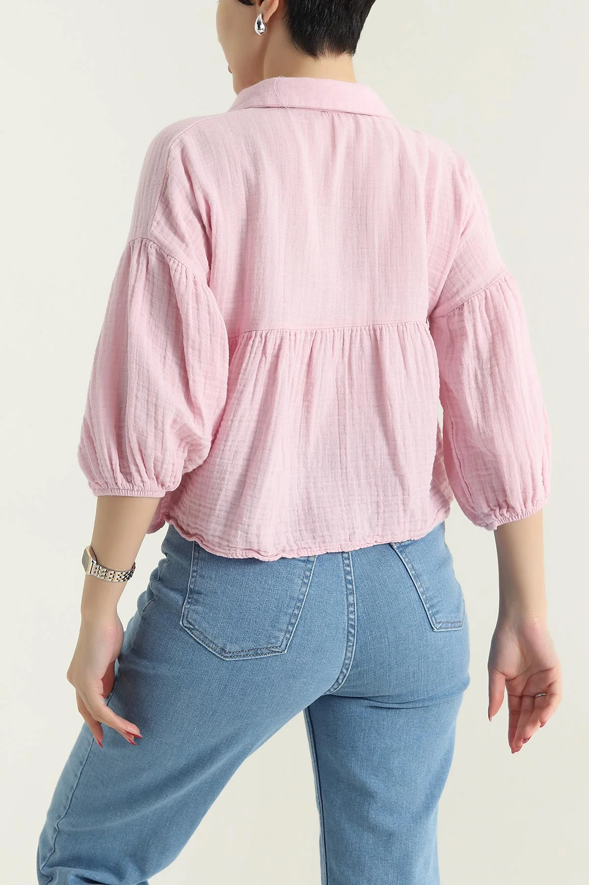 Pembe Müslin Keten Kadın Gömlek 432506