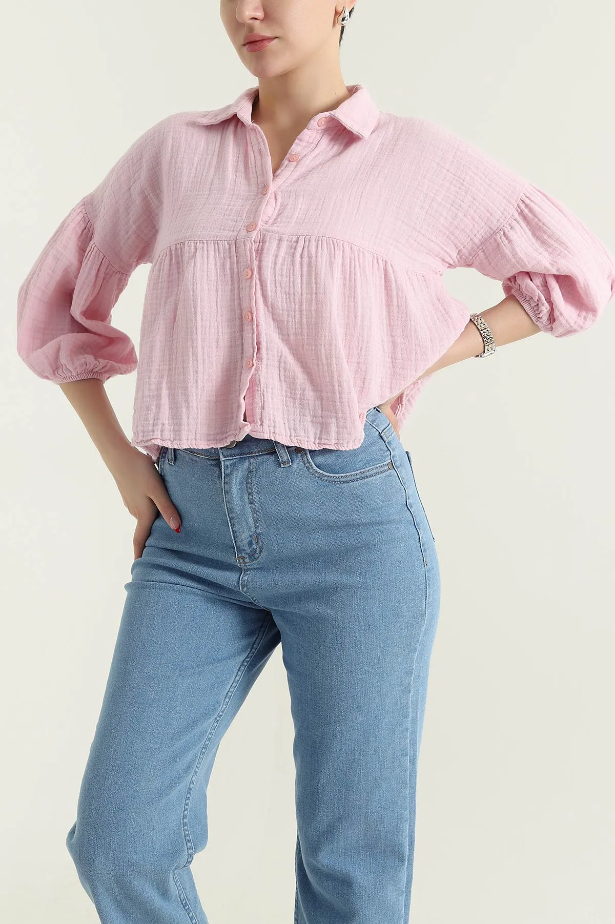 Pembe Müslin Keten Kadın Gömlek 432506