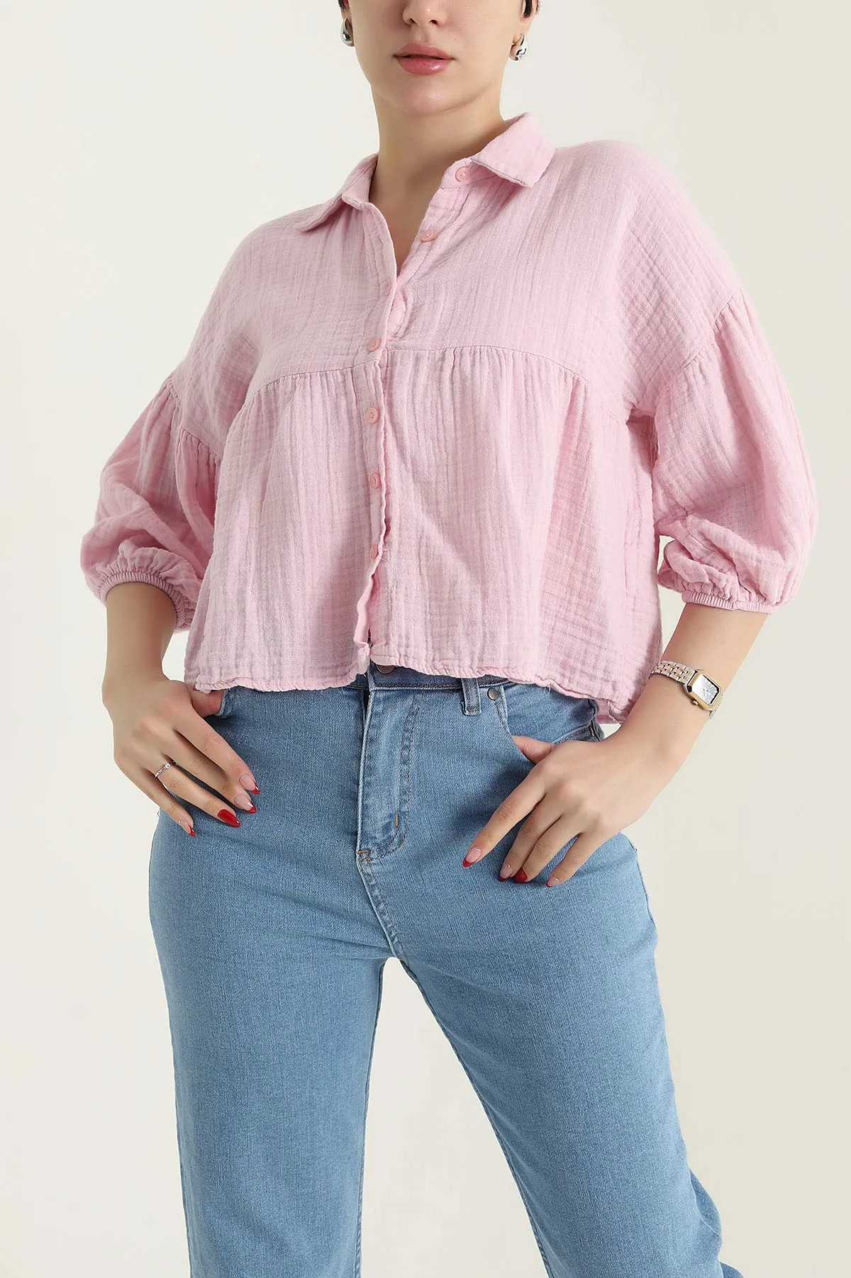 Pembe Müslin Keten Kadın Gömlek 432506