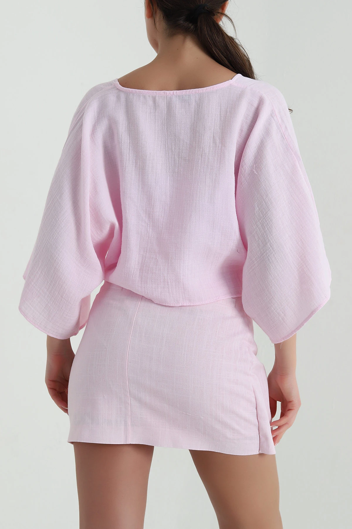 Pembe Müslin Keten Kadın Kimono Bluz 457342