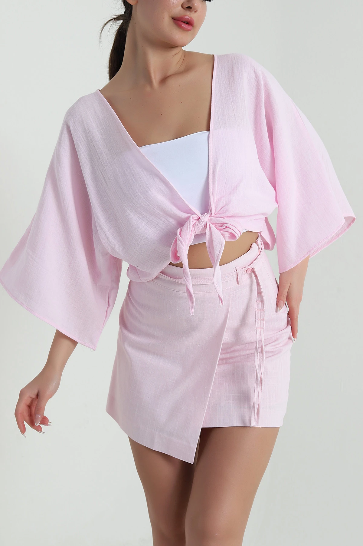 Pembe Müslin Keten Kadın Kimono Bluz 457342