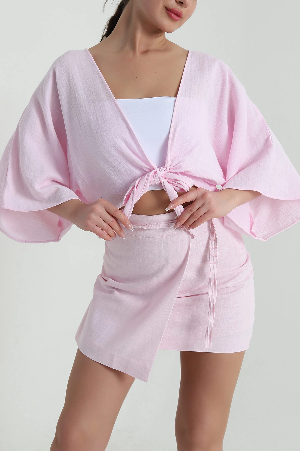 Pembe Müslin Keten Kadın Kimono Bluz 457342