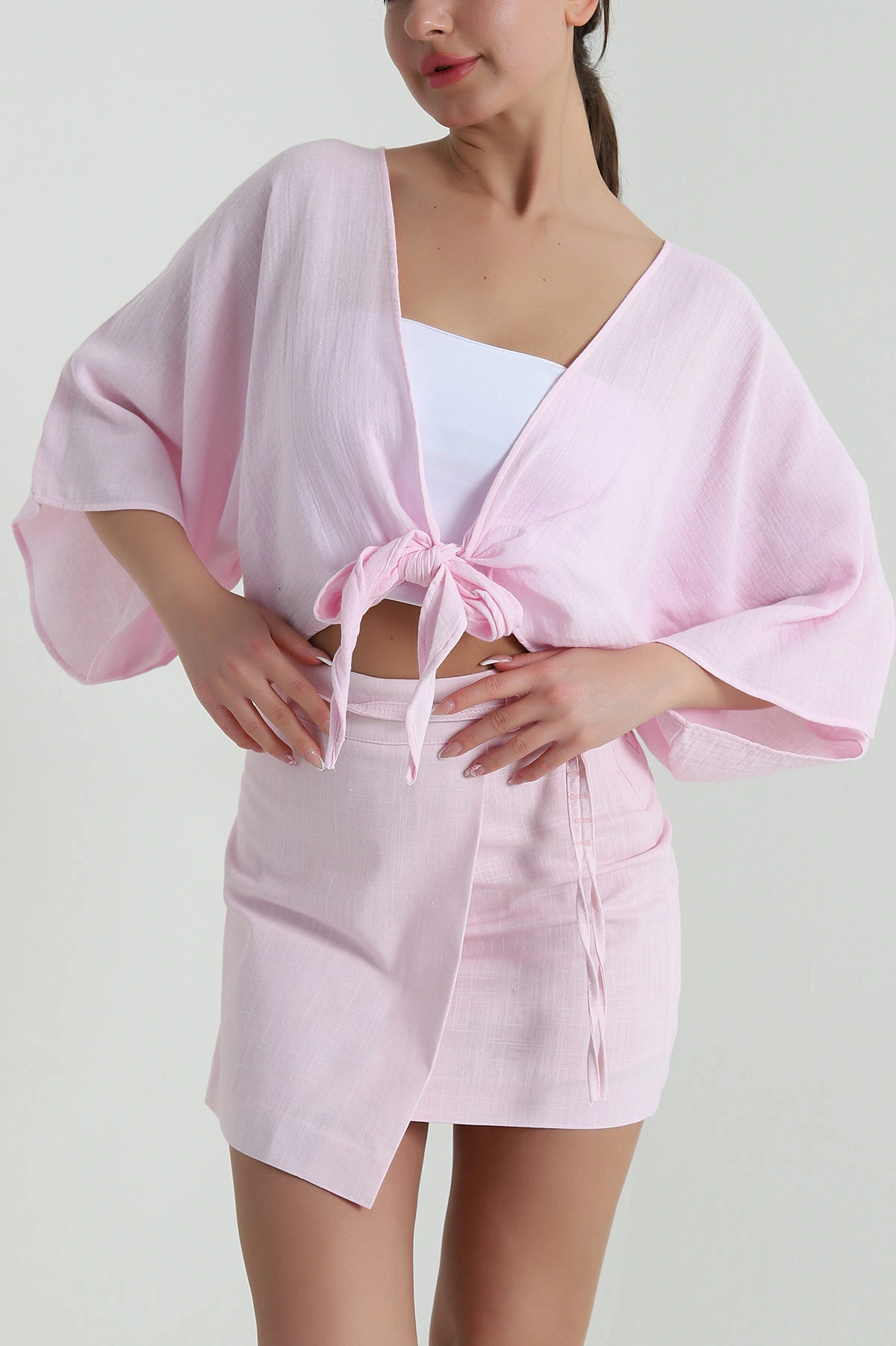 Pembe Müslin Keten Kadın Kimono Bluz 457342