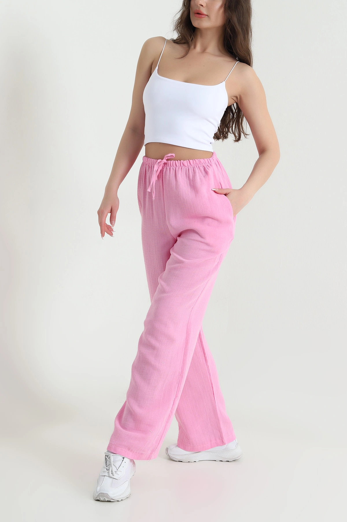 Pembe Müslin Keten Kadın Palazzo Pantolon 455946