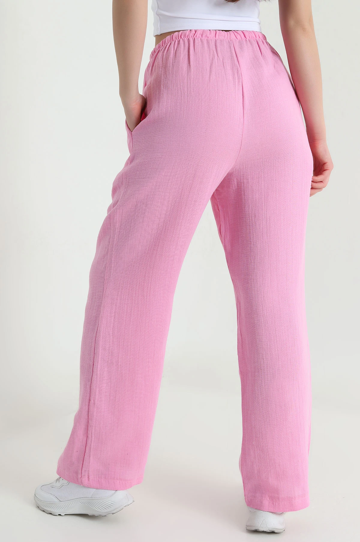 Pembe Müslin Keten Kadın Palazzo Pantolon 455946