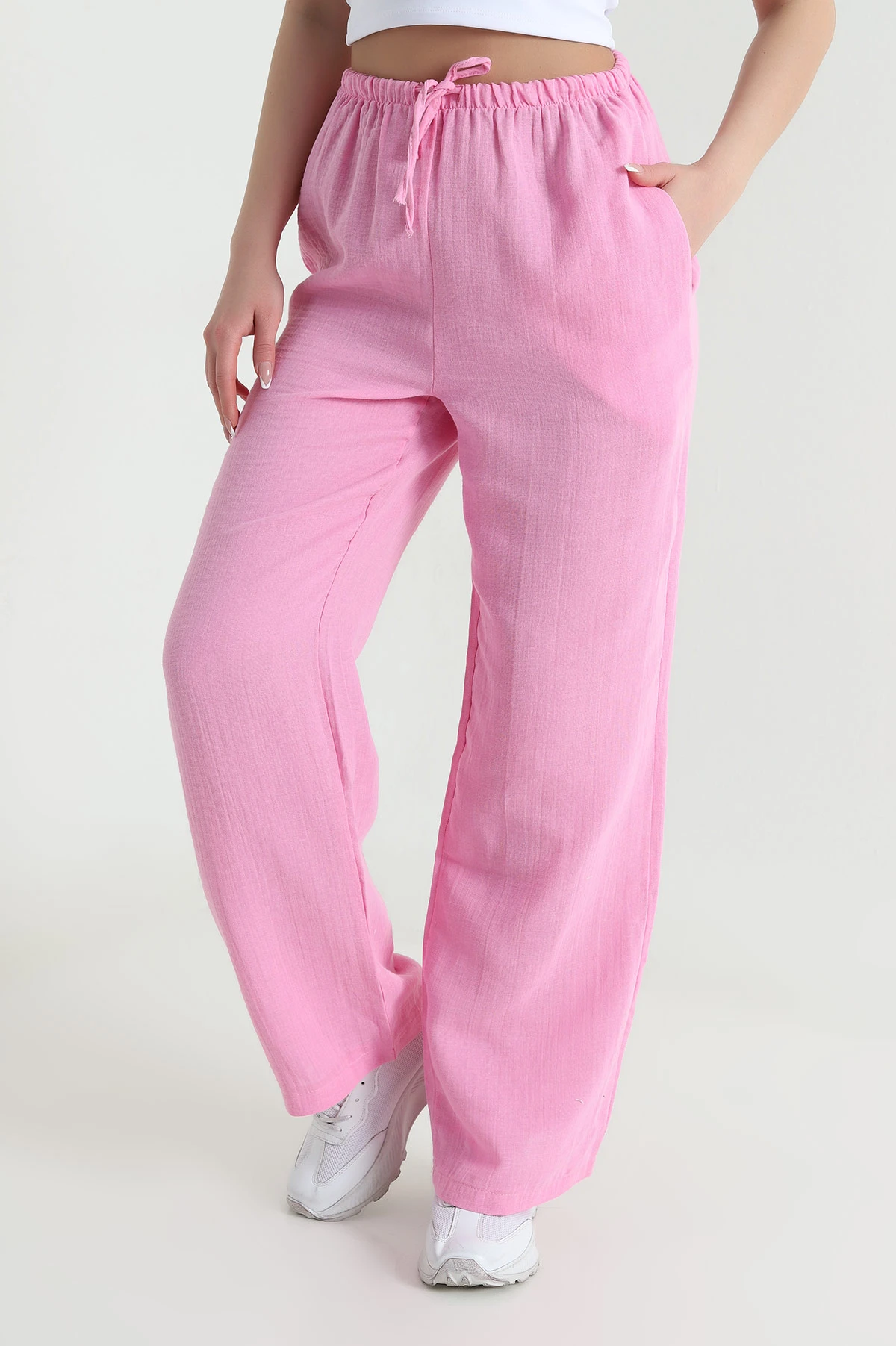 Pembe Müslin Keten Kadın Palazzo Pantolon 455946