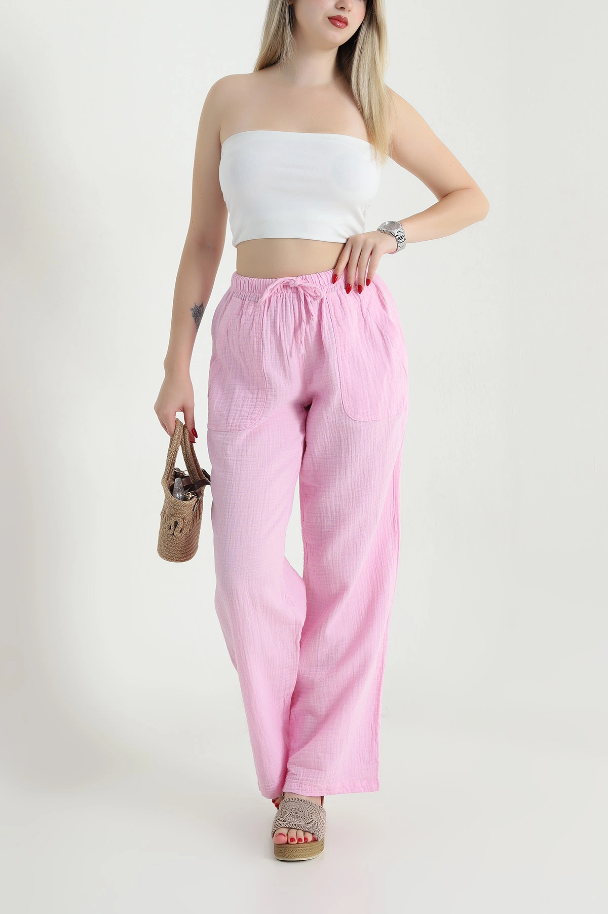 Pembe Müslin Keten Kadın Pantolon 467903