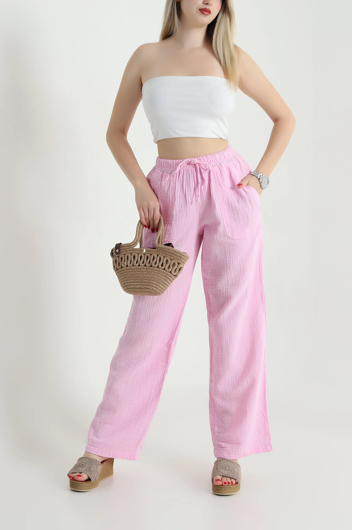 Pembe Müslin Keten Kadın Pantolon 467903