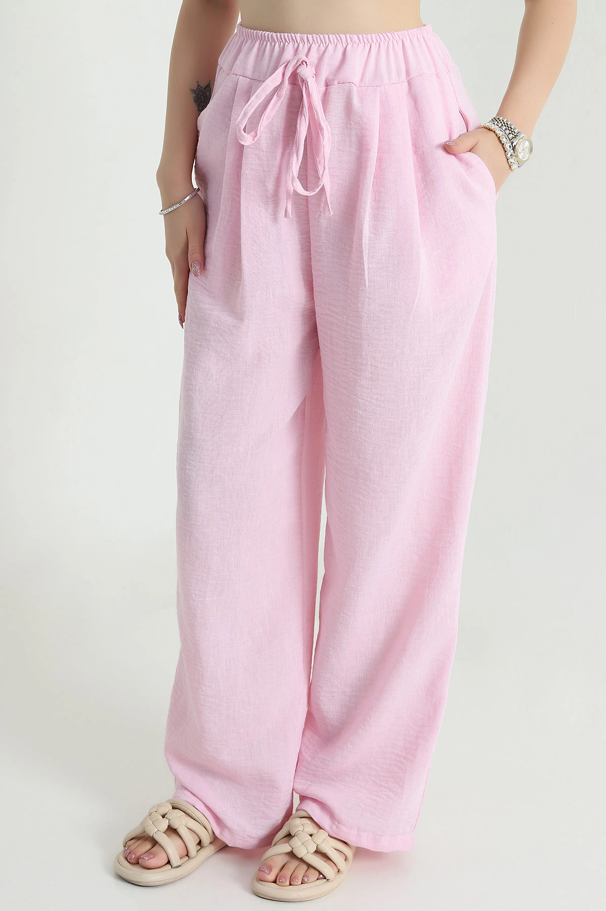 Pembe Müslin Keten Kadın Pantolon 478050