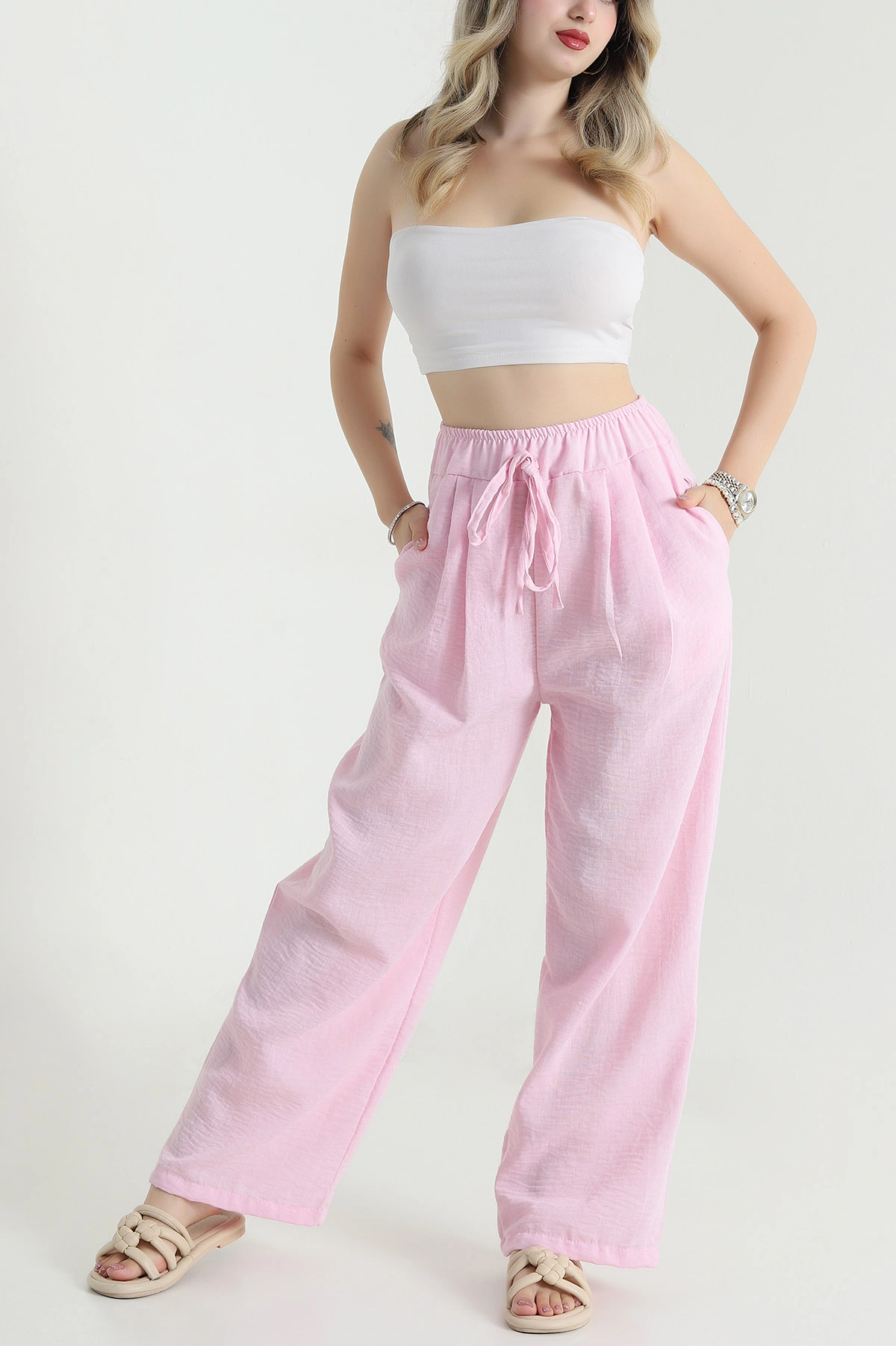 Pembe Müslin Keten Kadın Pantolon 478050