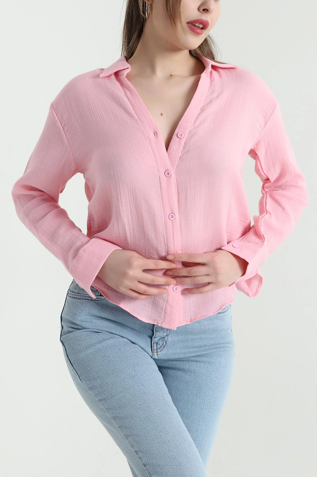 Pembe Müslin Keten Pileli Kadın Gömlek 444369