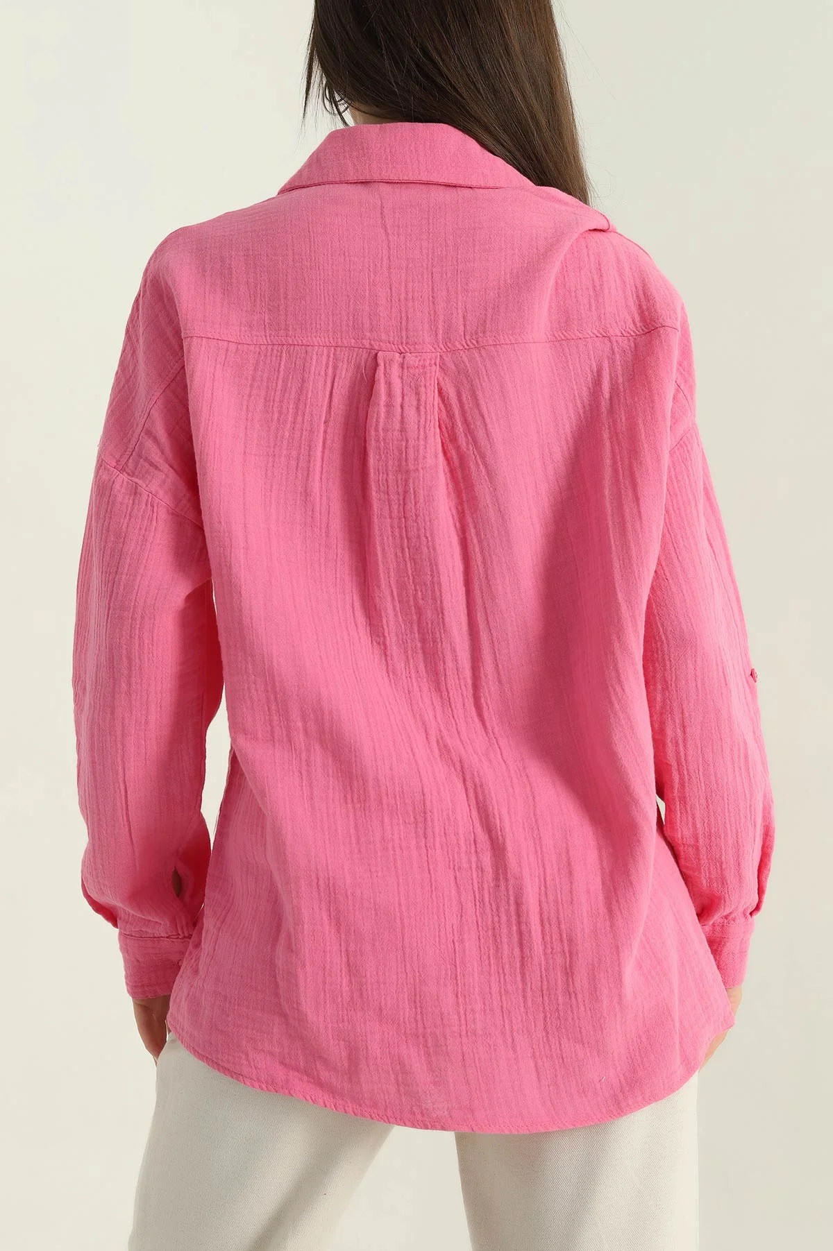 Pembe Müslin Keten Tek Cep Kadın Gömlek 350770