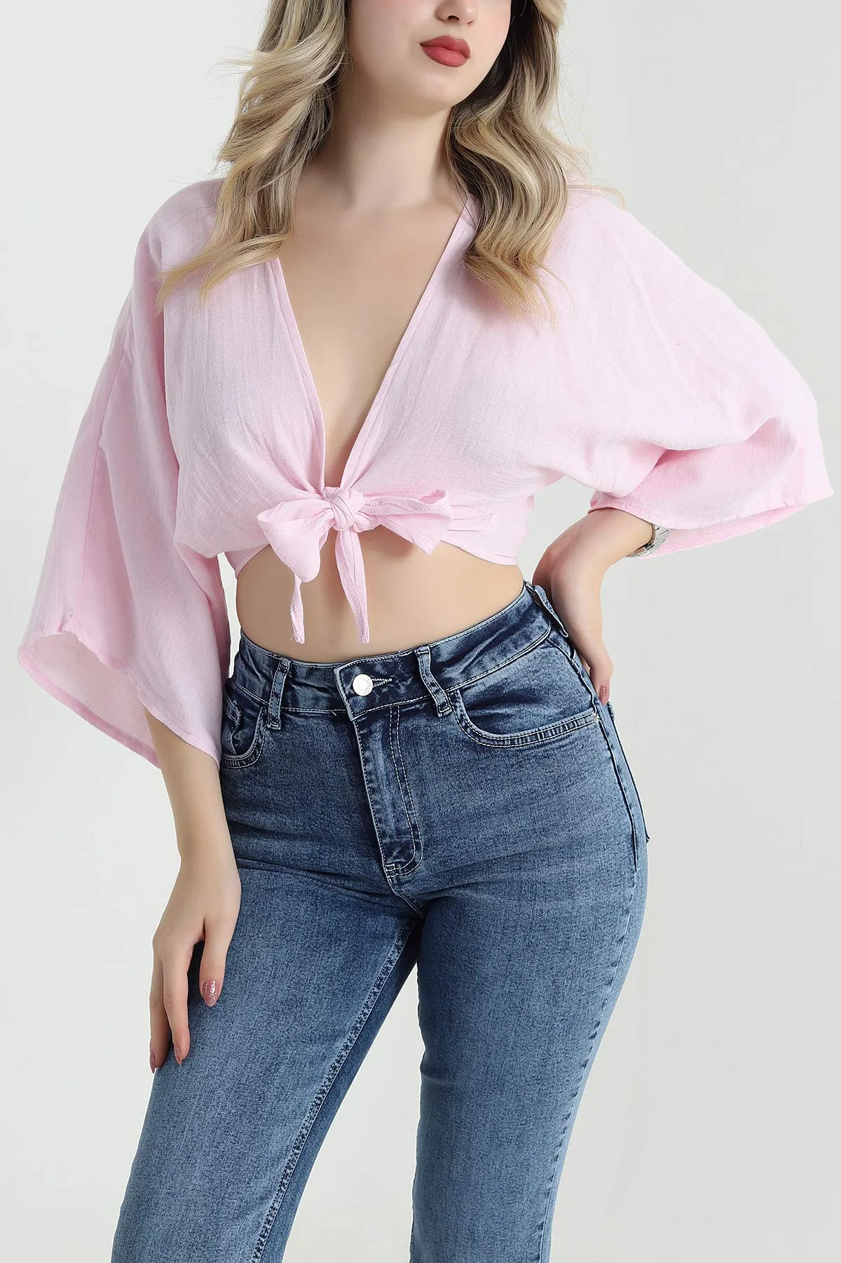 Pembe Müslin Kumaş Bağlamalı Bolero 467483