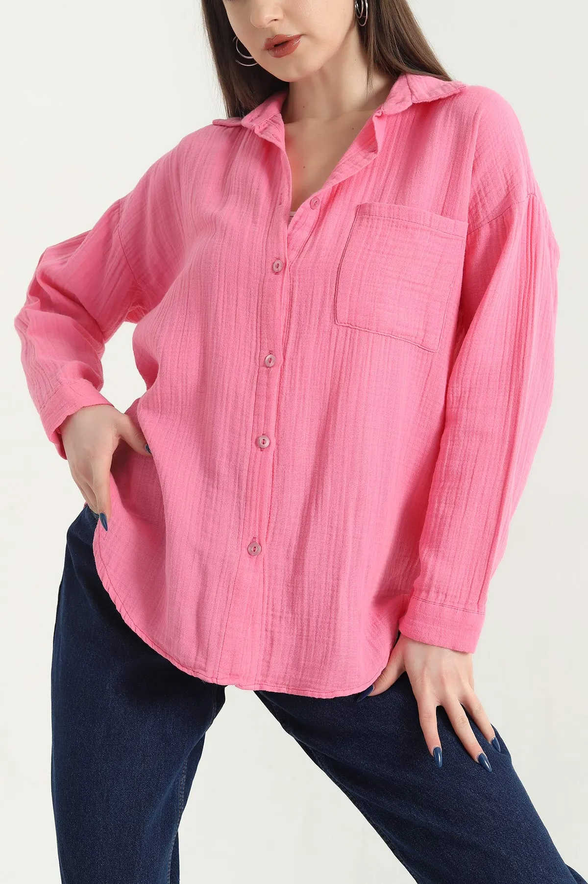 Pembe Müslin Tek Cep Kadın Gömlek 345198