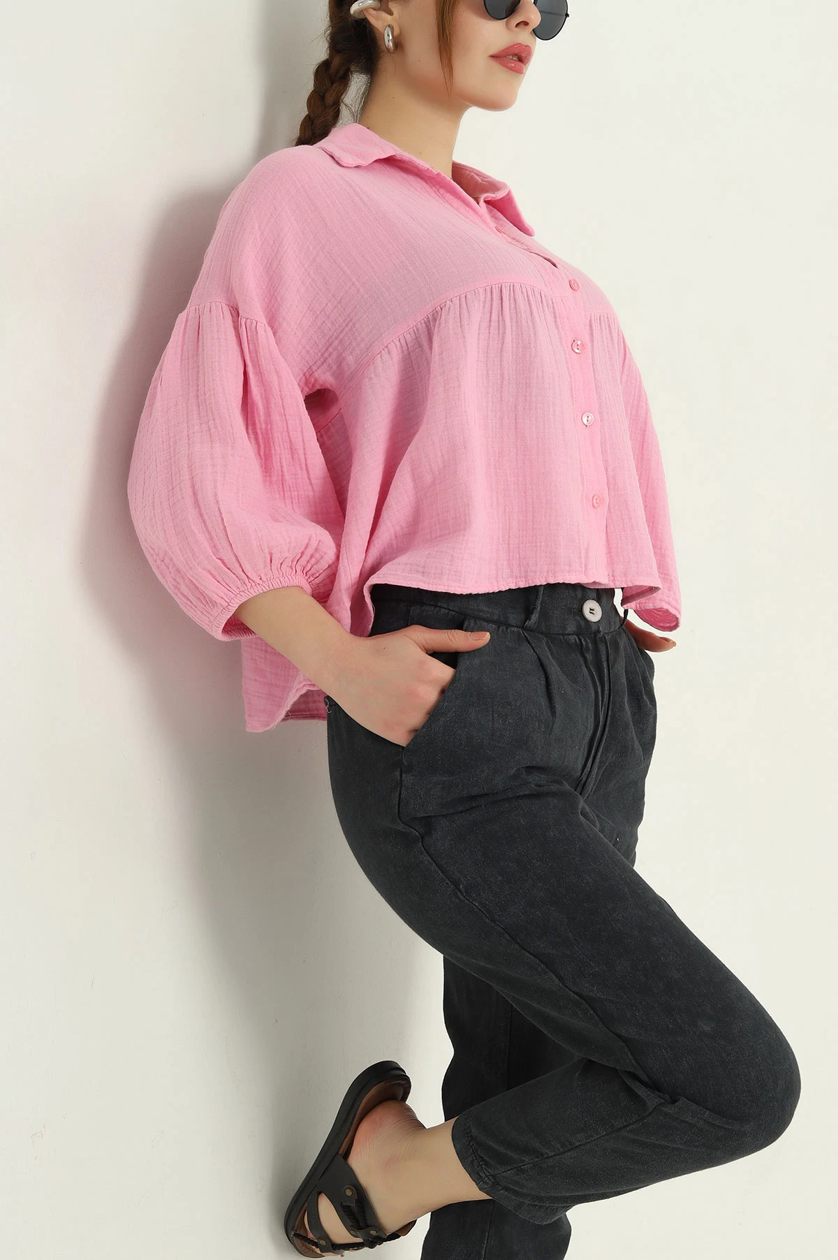 Pembe Müslin Truvakar Kol Bayan Gömlek 336858