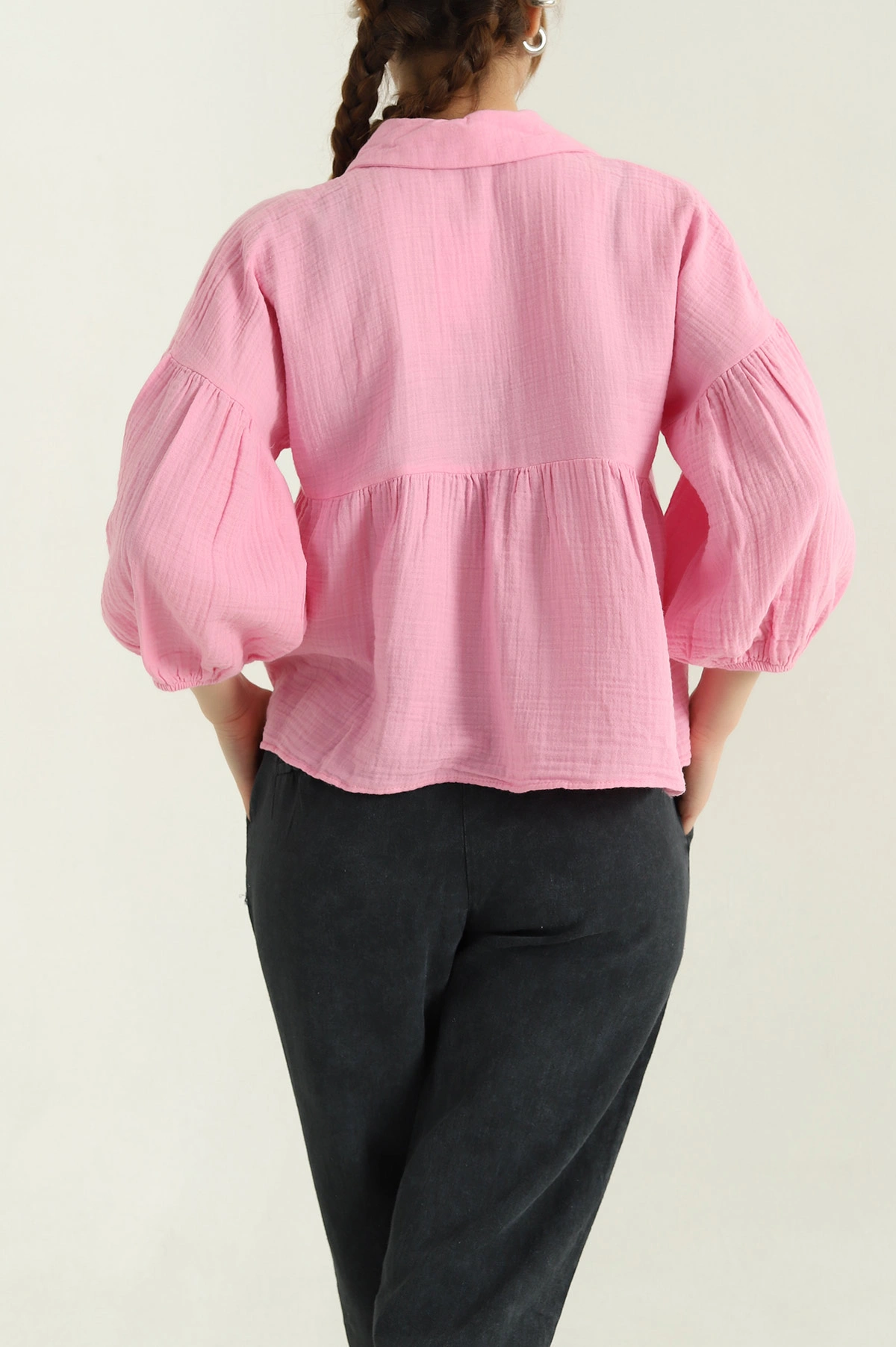 Pembe Müslin Truvakar Kol Bayan Gömlek 336858