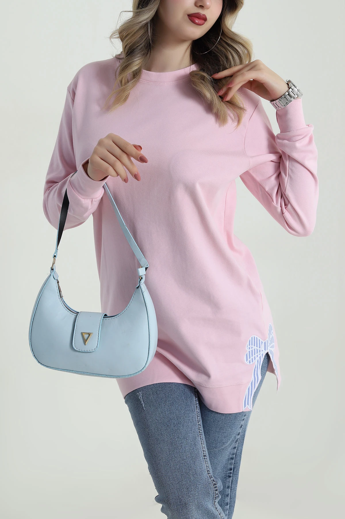 Pembe Nakış Detay İnterlok Kadın Tunik 486621