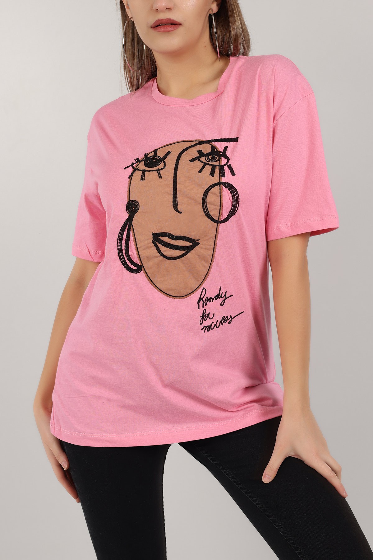 Pembe Nakış İşlemeli Bayan Tişört 157721
