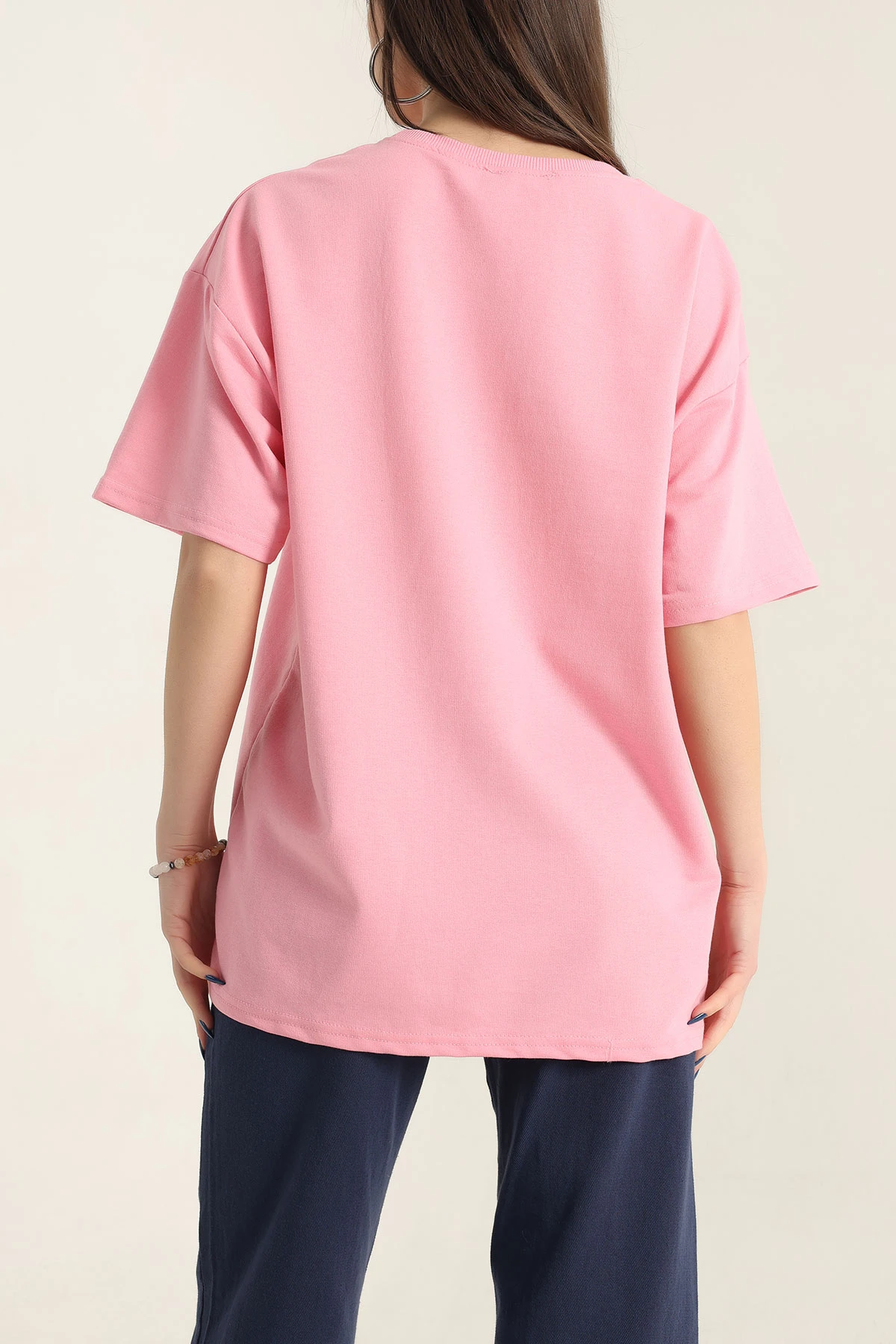 Pembe Nakışlı Bisiklet Yaka Oversize İki Bayan Tişört 337635