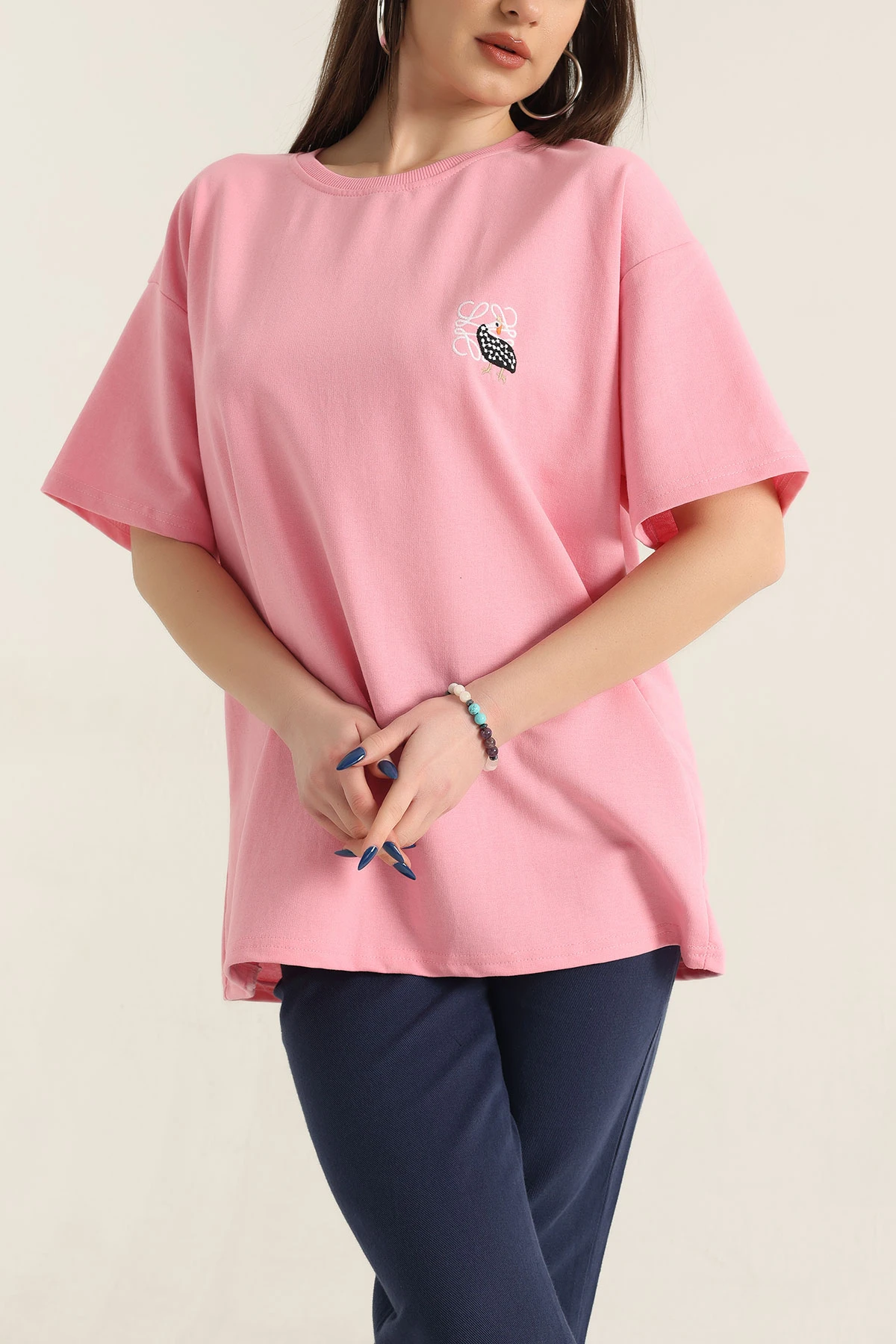 Pembe Nakışlı Bisiklet Yaka Oversize İki Bayan Tişört 337635