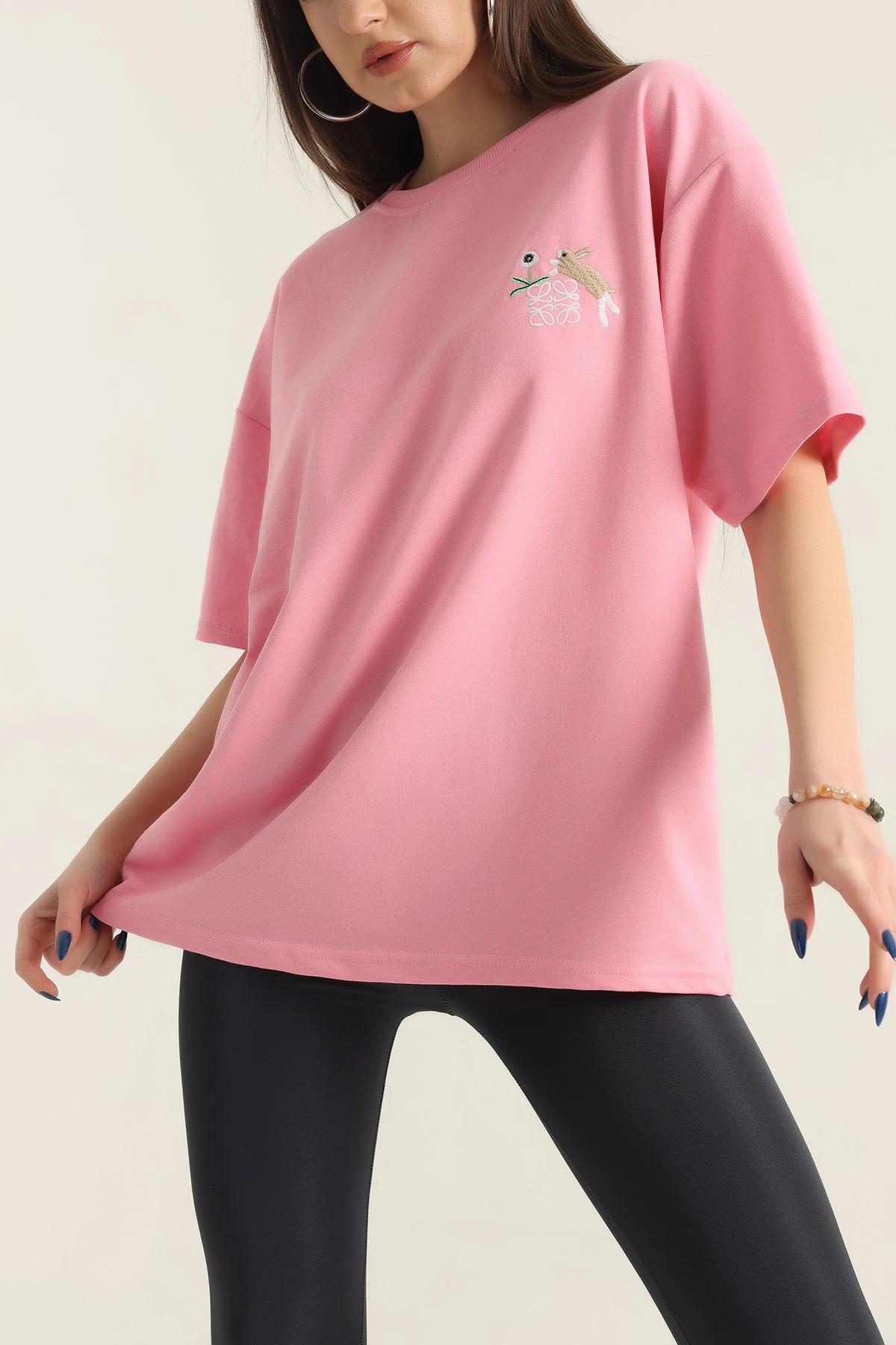 Pembe Nakışlı Bisiklet Yaka Oversize İki Bayan Tişört 337661