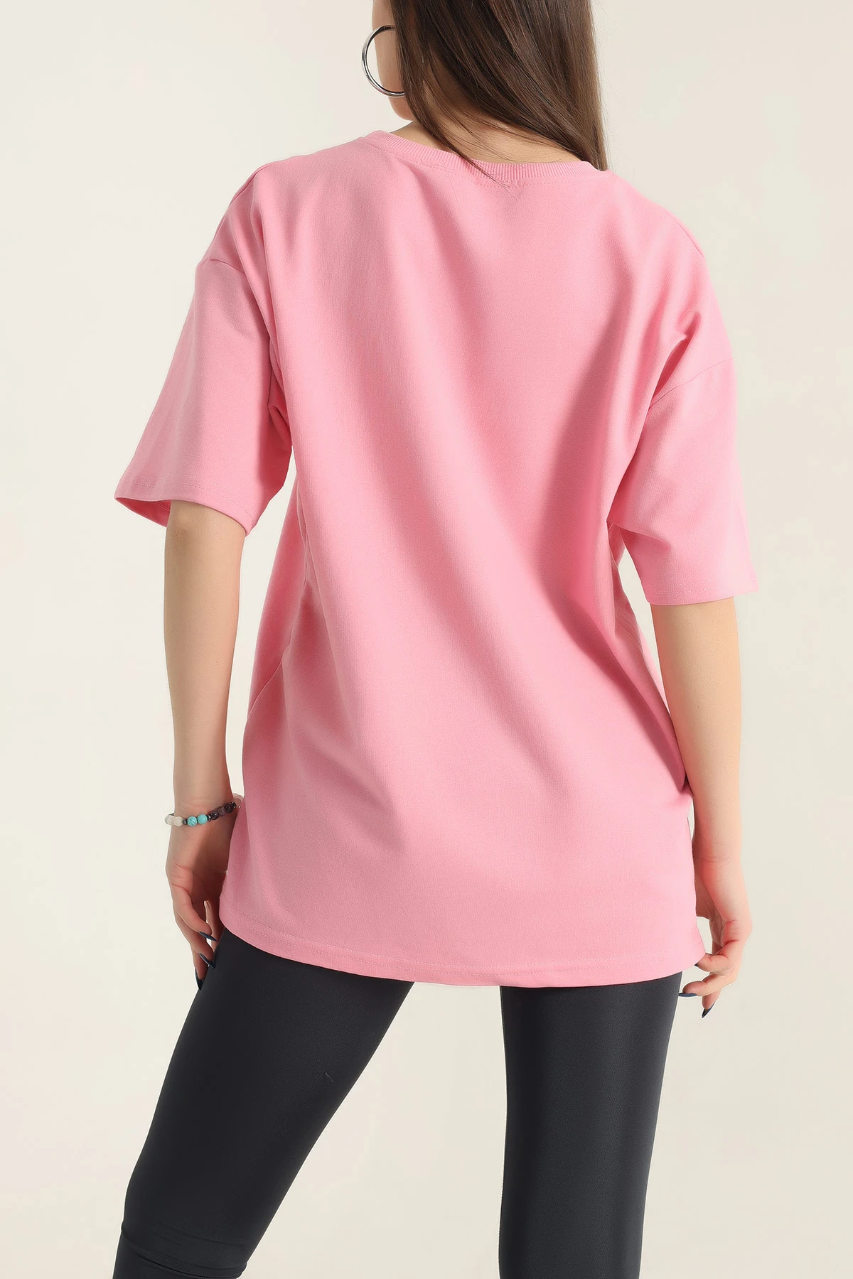 Pembe Nakışlı Bisiklet Yaka Oversize İki Bayan Tişört 337661