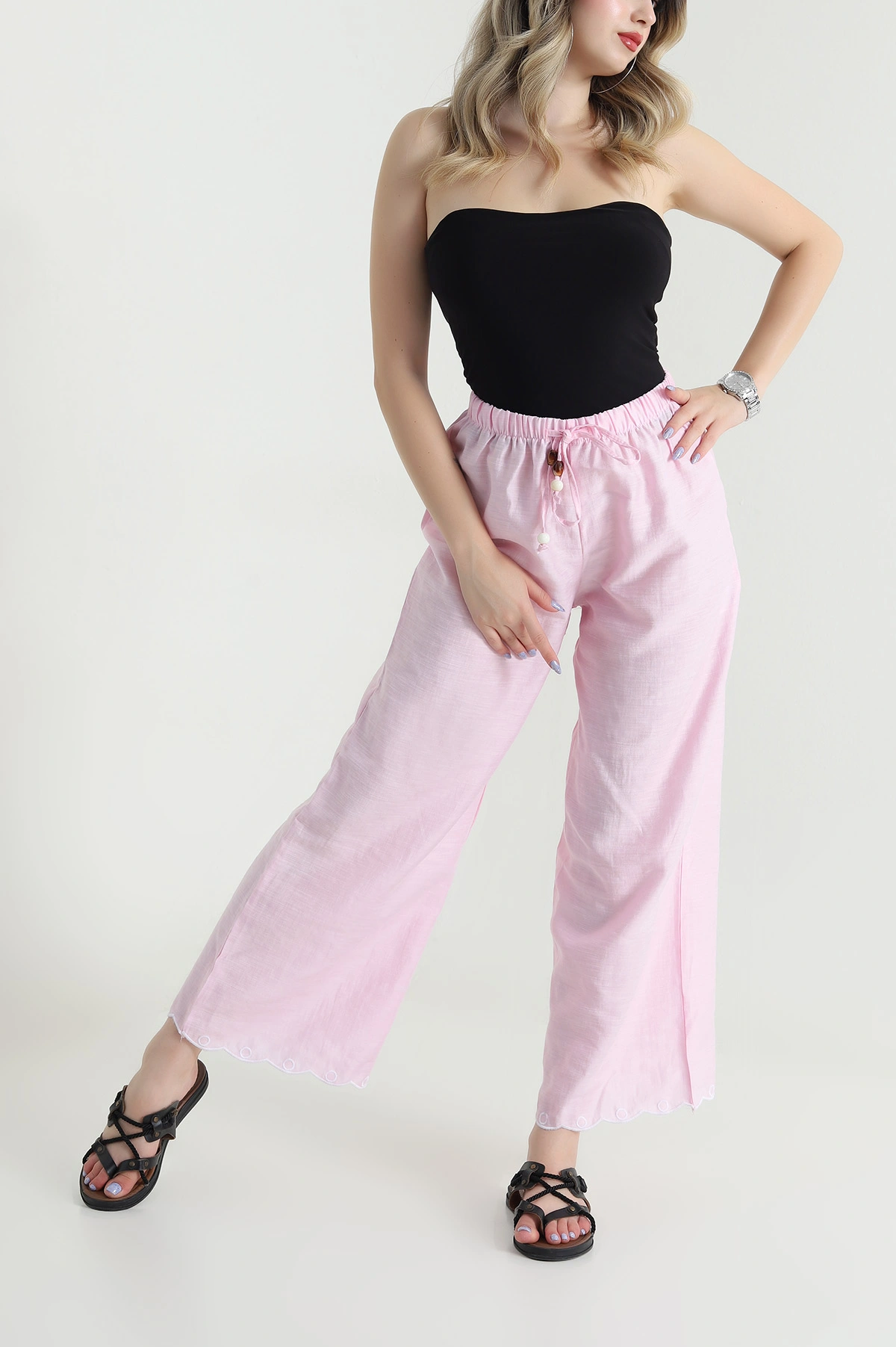 Pembe Nakışlı Bol Paça Tasarım Kadın Pantolon 475271