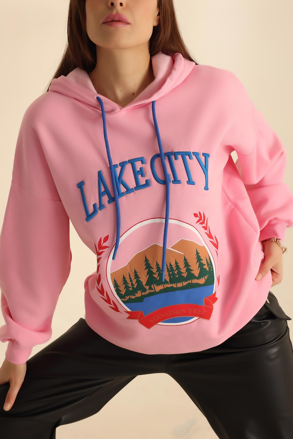 Pembe Nakışlı İçi Şardonlu Bayan Sweat 218426
