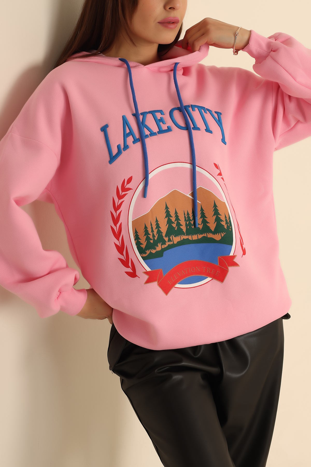 Pembe Nakışlı İçi Şardonlu Bayan Sweat 218426