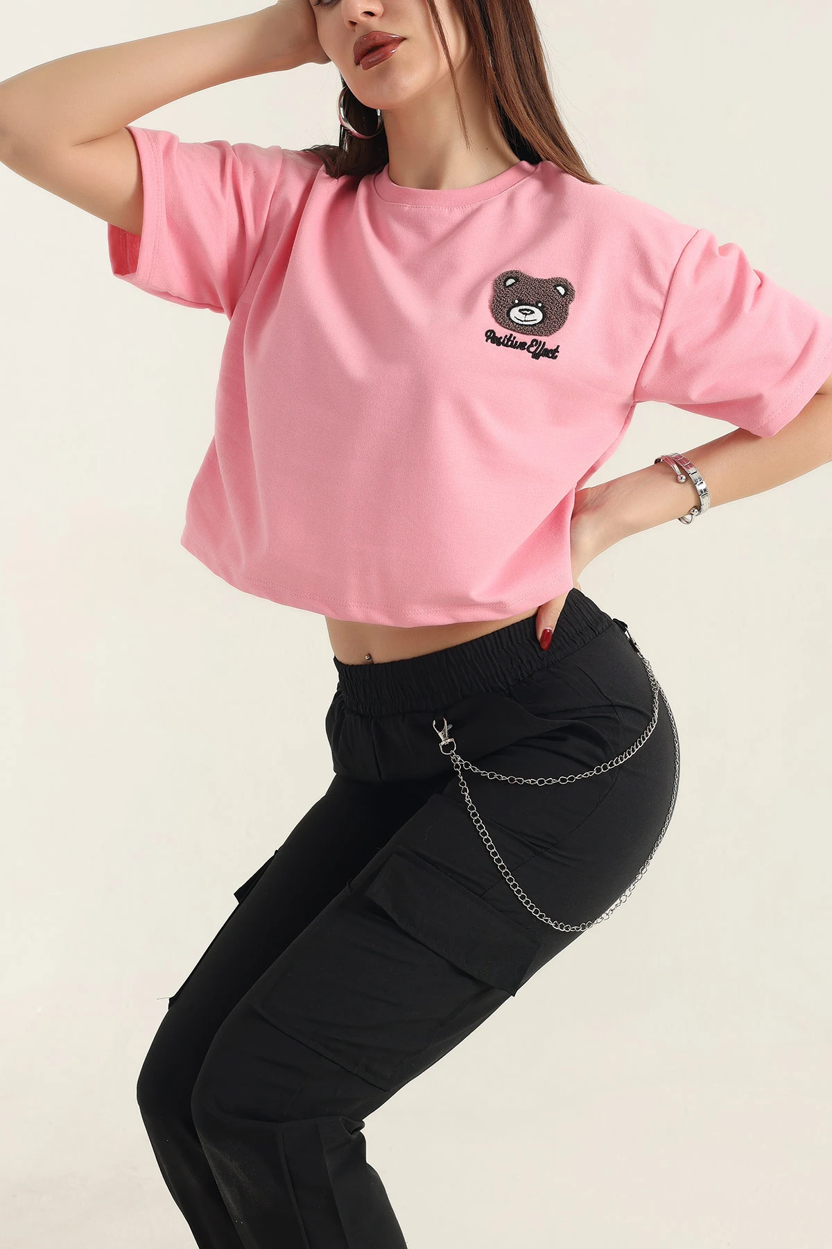 Pembe Nakışlı İki İp Bayan Tişört 337650