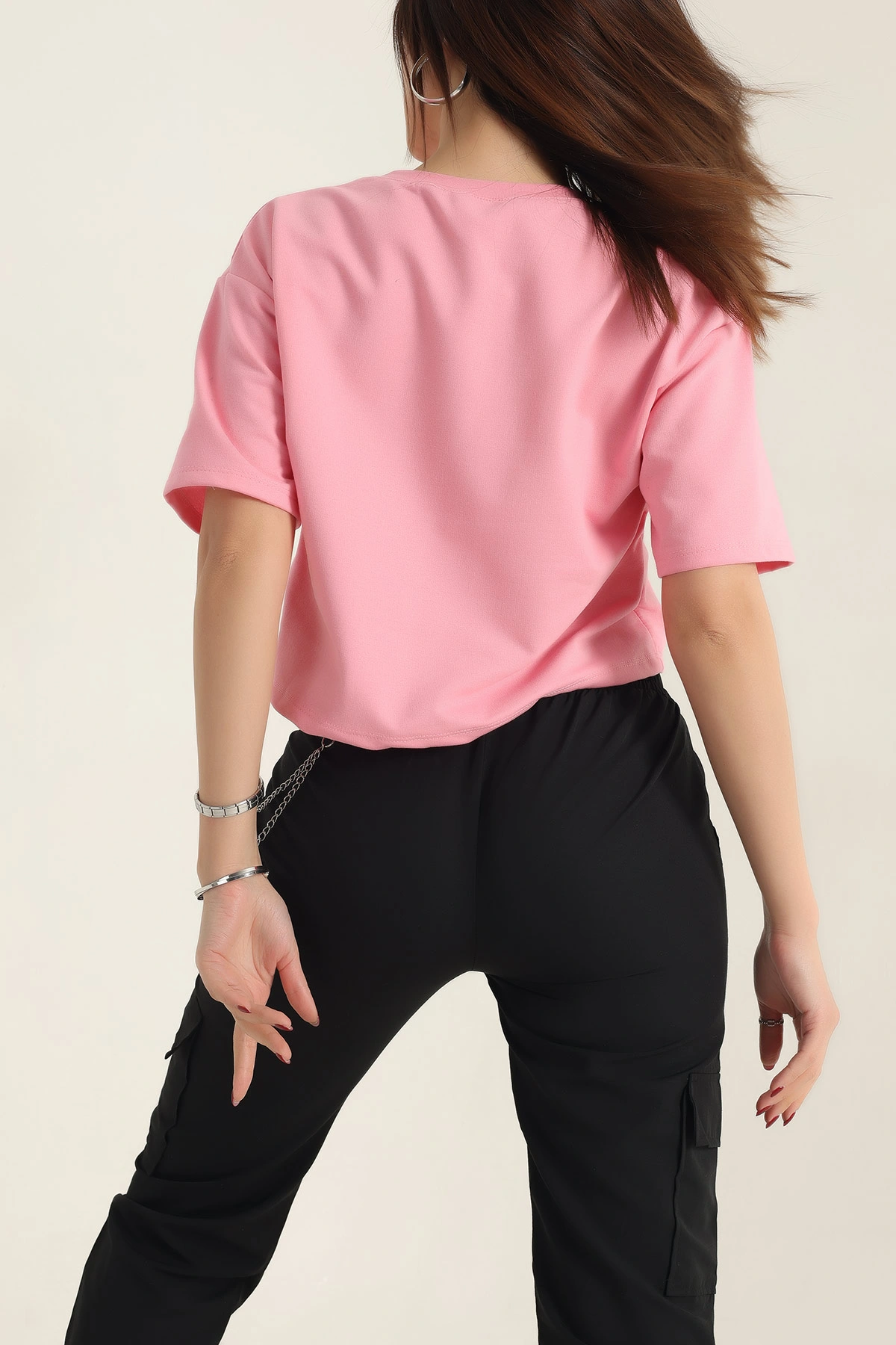 Pembe Nakışlı İki İp Bayan Tişört 337650