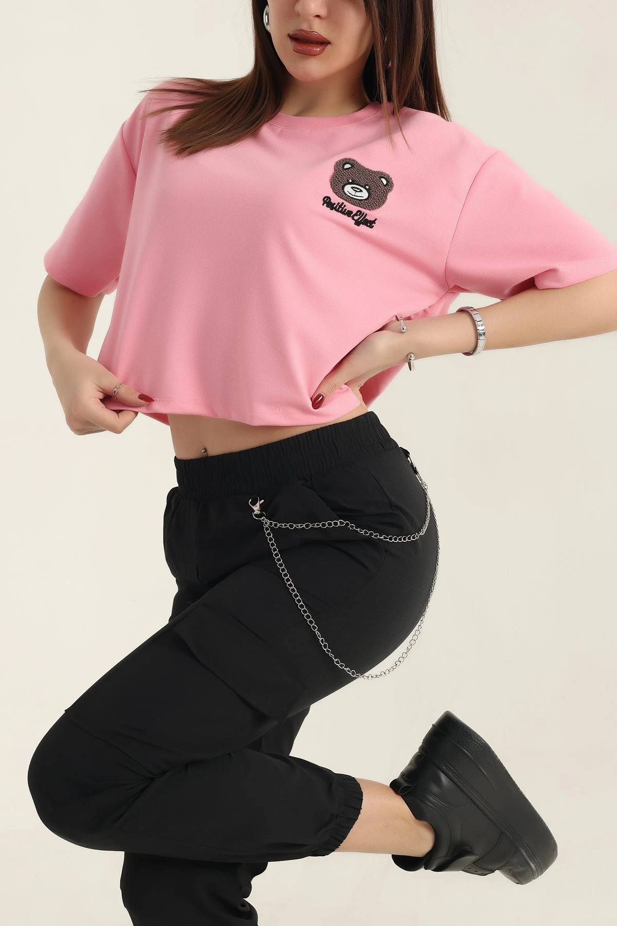 Pembe Nakışlı İki İp Bayan Tişört 337650