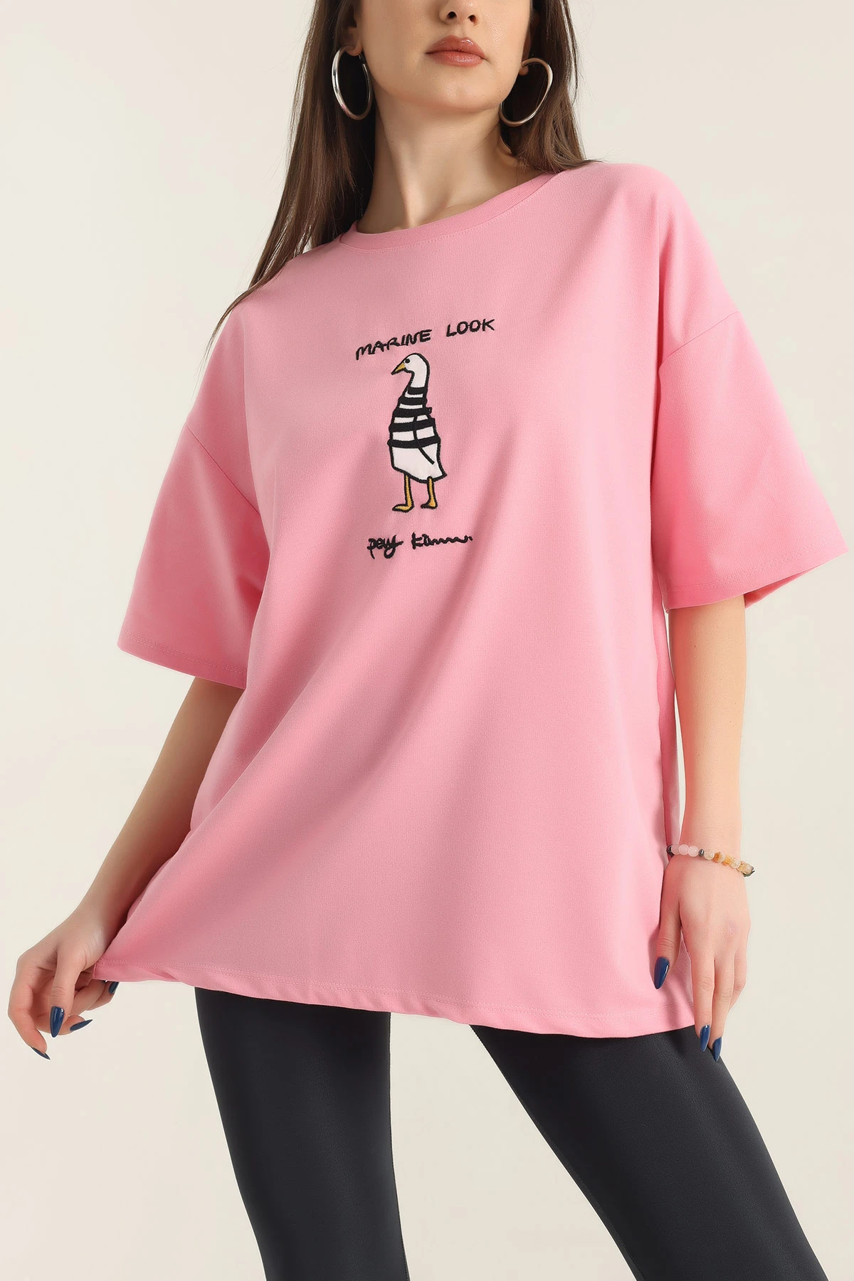 Pembe Nakışlı İki İp Bayan Tişört 337655