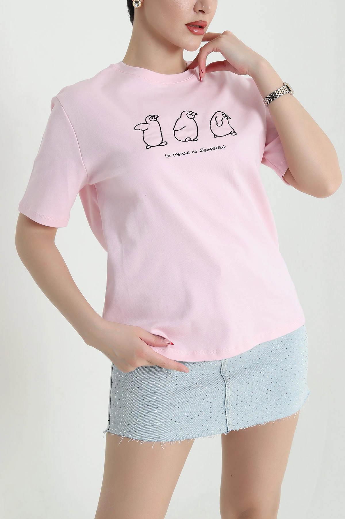 Pembe Nakışlı İnterlok Kadın Tişört 440221
