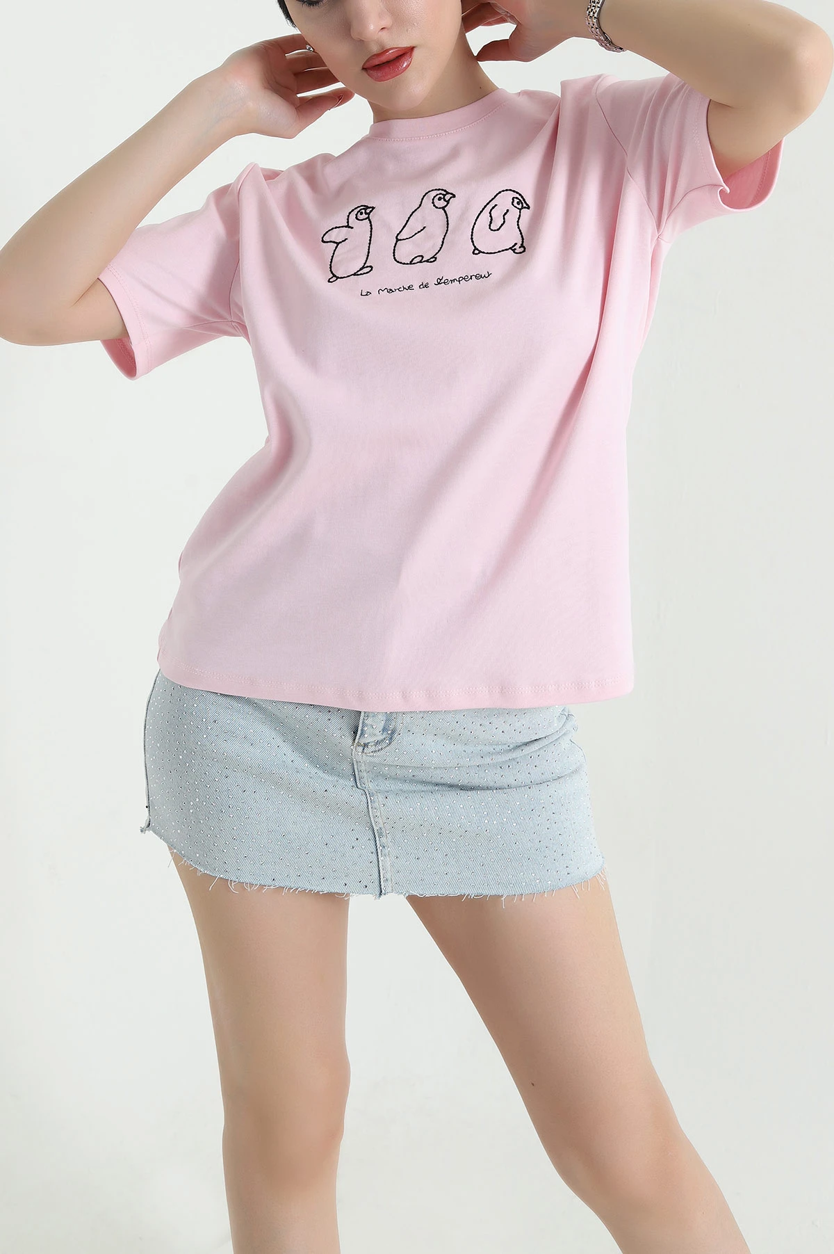 Pembe Nakışlı İnterlok Kadın Tişört 440221