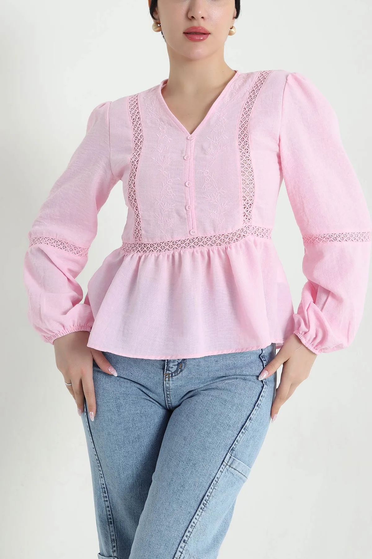 Pembe Nakışlı Keten Kadın Bluz 457302
