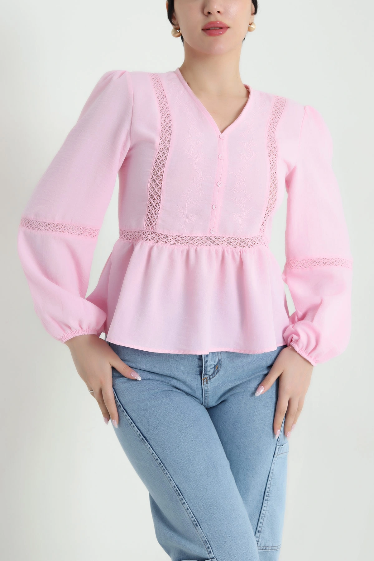 Pembe Nakışlı Keten Kadın Bluz 457302