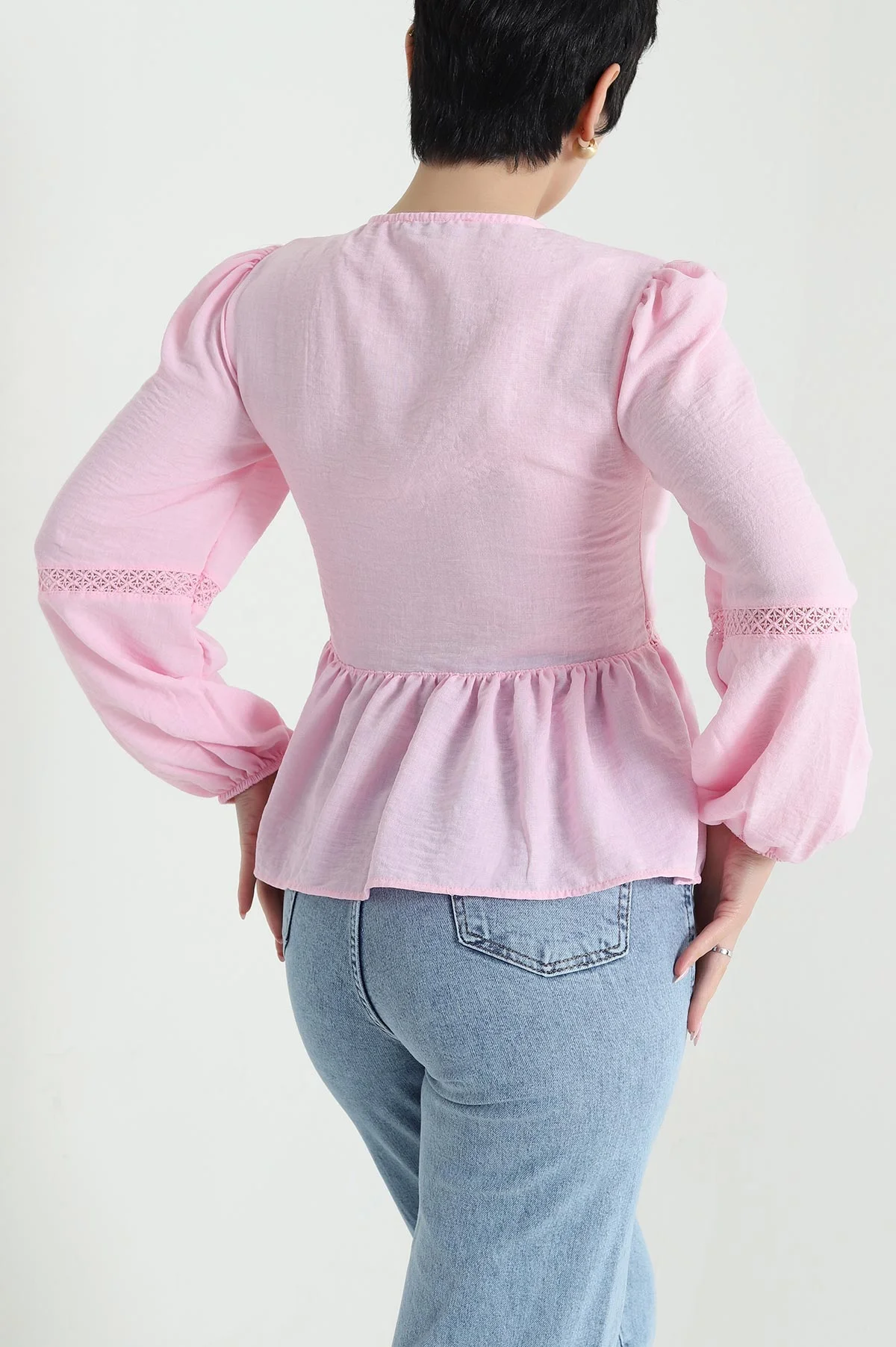 Pembe Nakışlı Keten Kadın Bluz 457302