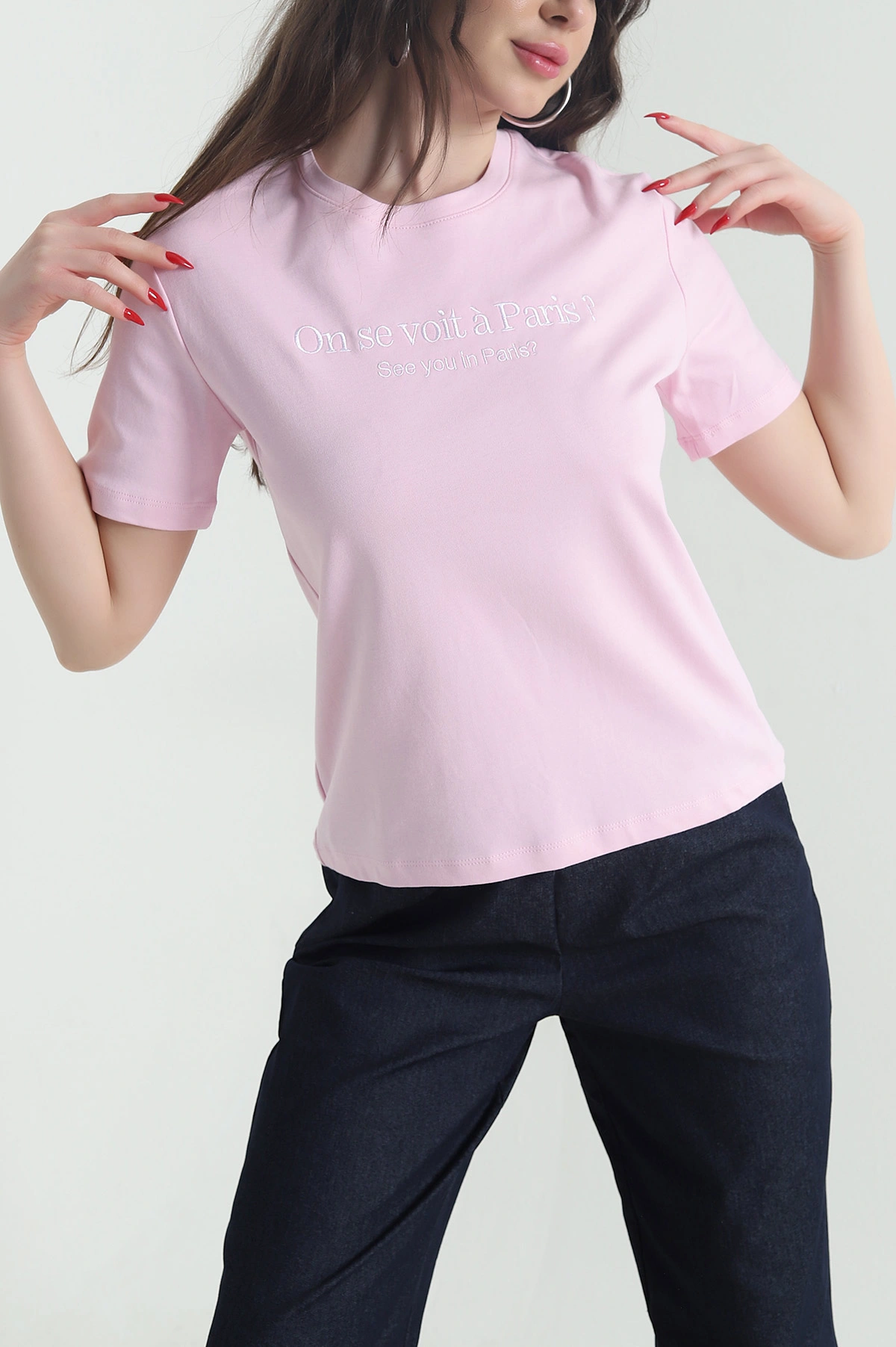 Pembe Nakışlı Kompak Kadın Tişört 442855