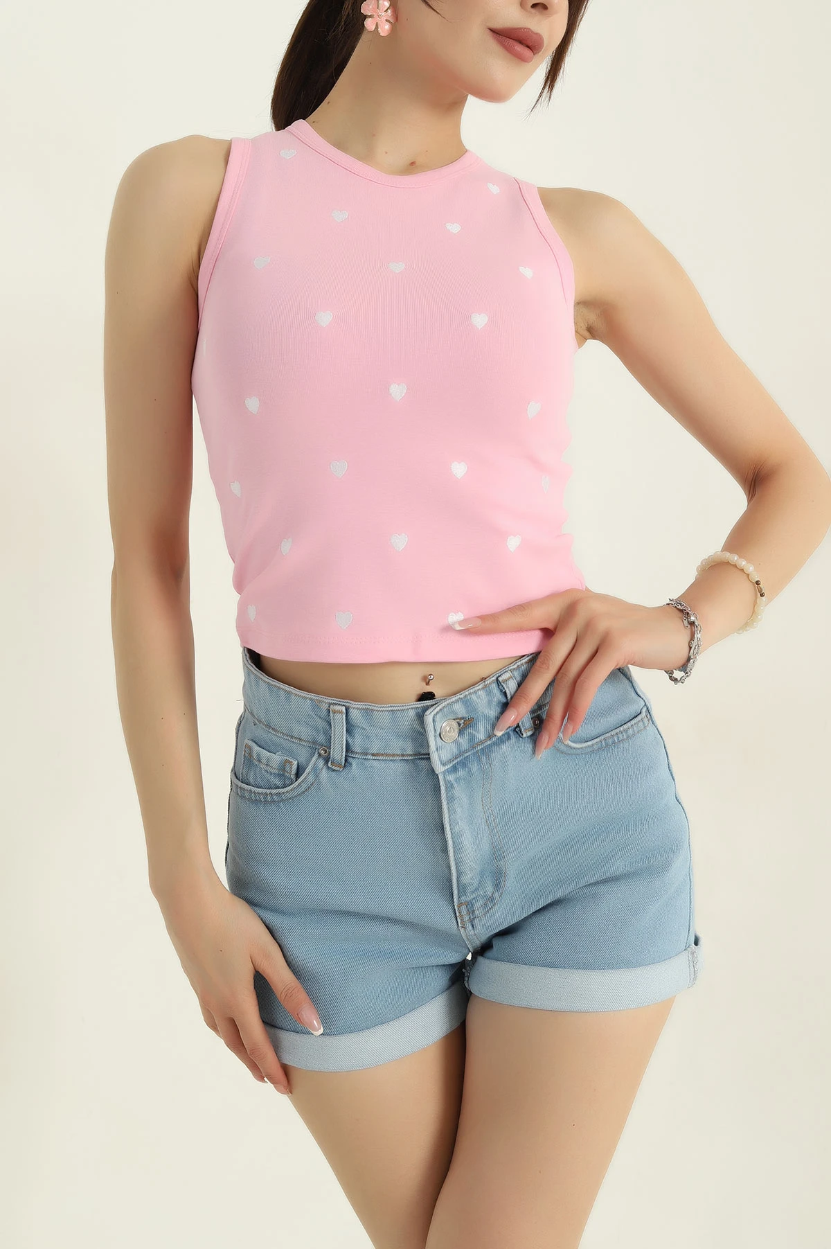 Pembe Nakışlı Likralı İnterlok Kumaş Kadın Atlet 373918