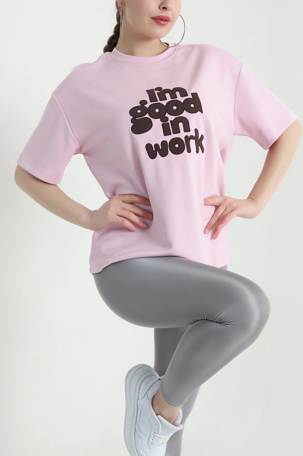 Pembe Nakışlı Modal Kadın Tişört 438262