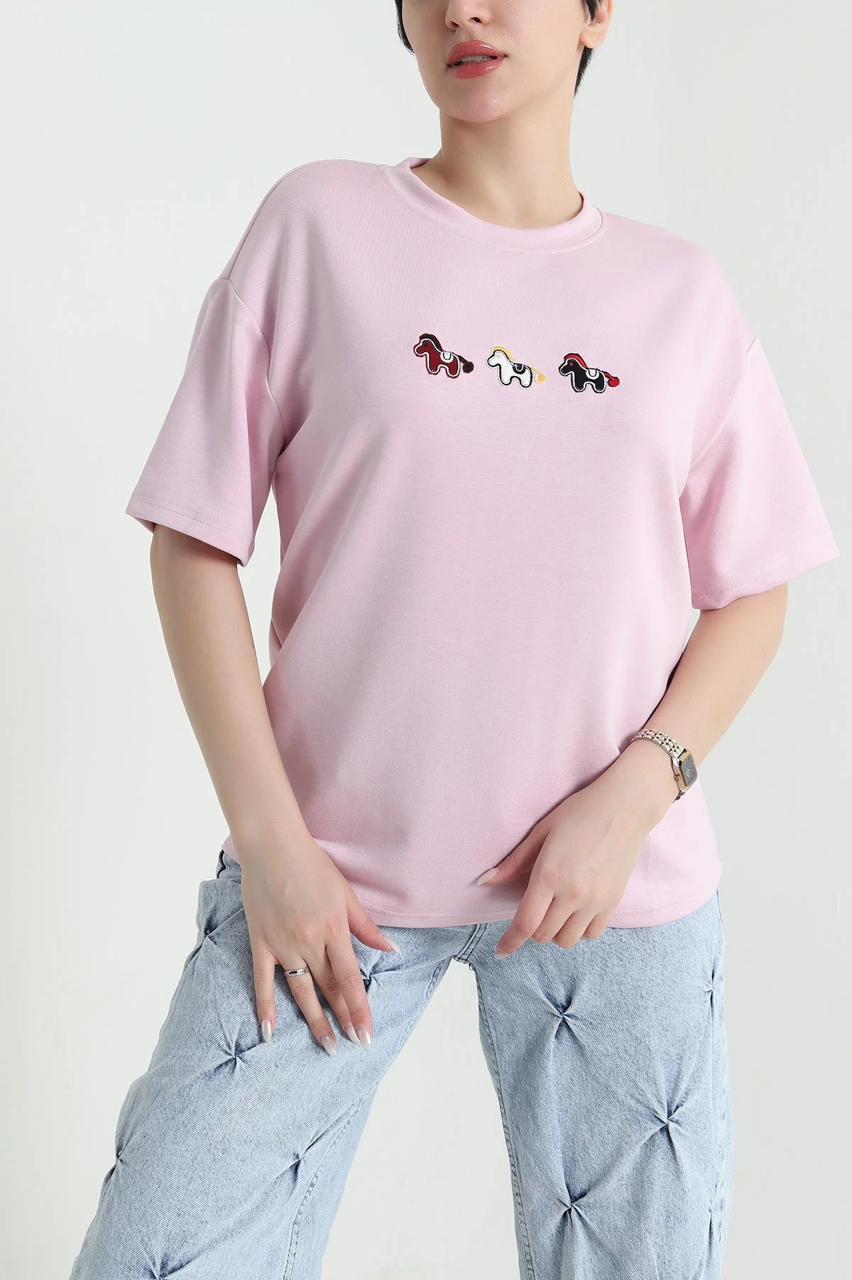 Pembe Nakışlı Modal Kadın Tişört 449610