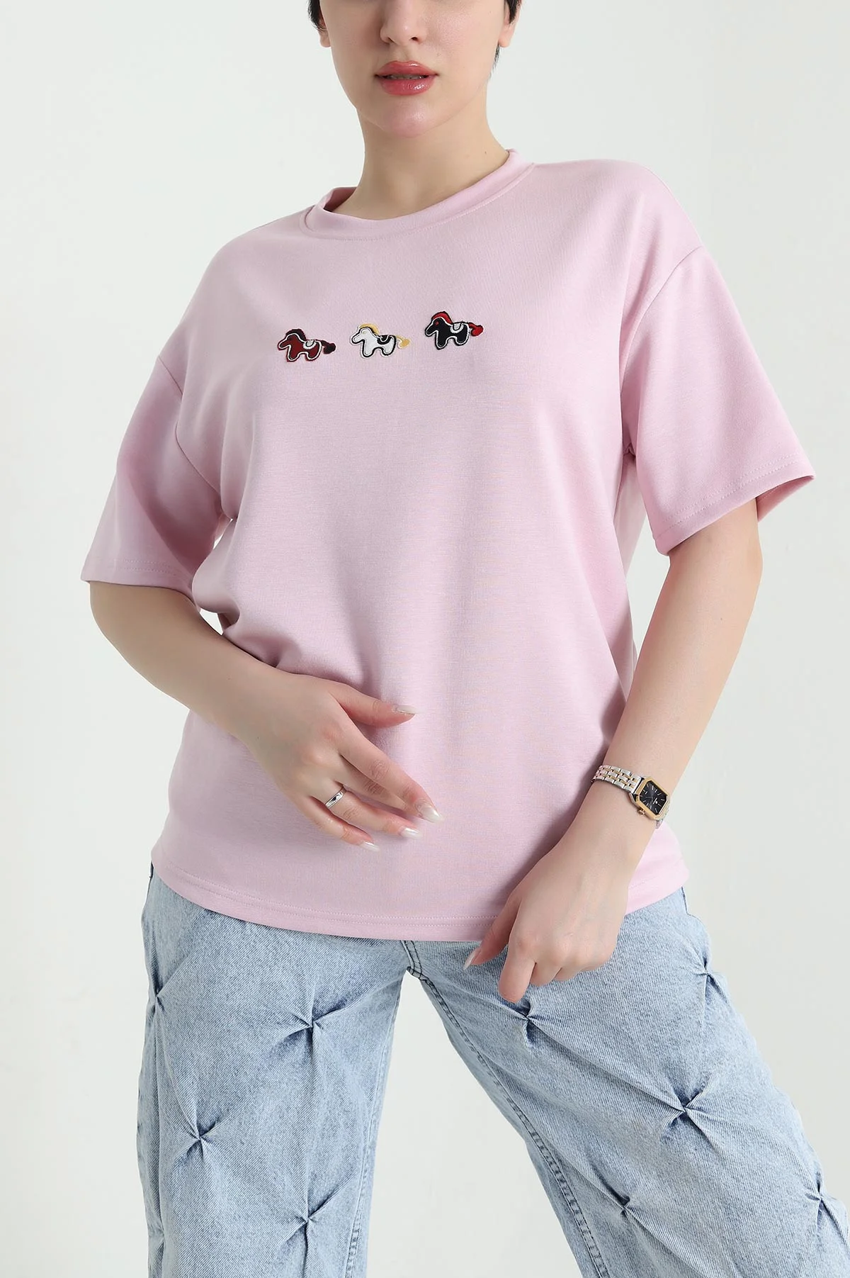 Pembe Nakışlı Modal Kadın Tişört 449610